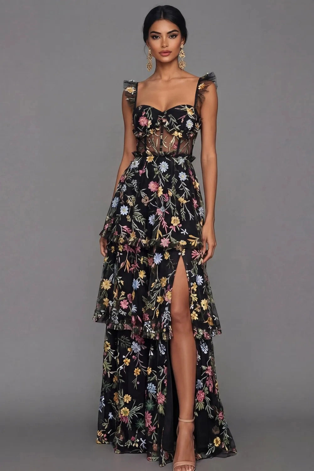 Romantic A Line Sweetheart Ruffle Strap Floral Embroidered Tiered Wedding Guest Dress
