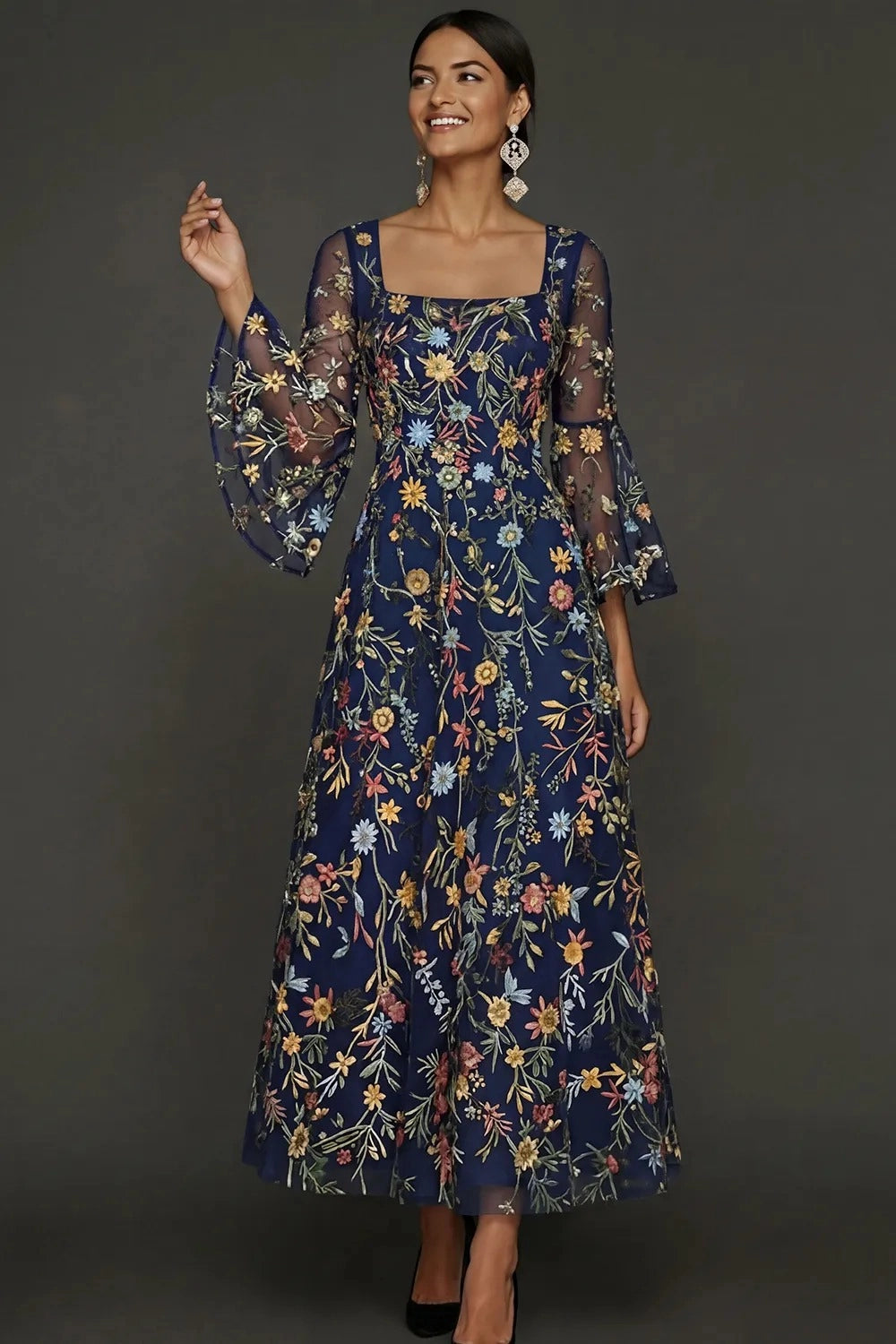 Elegant Floral Embroidered A-Line Square Neck Flutter Sleeve Ankle Length Wedding Guest Dress