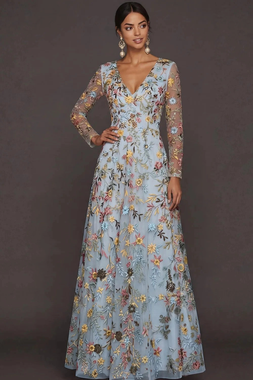 Elegant A Line V Neck Long Sleeve Floral Embroidered Floor Length Wedding Guest Dress