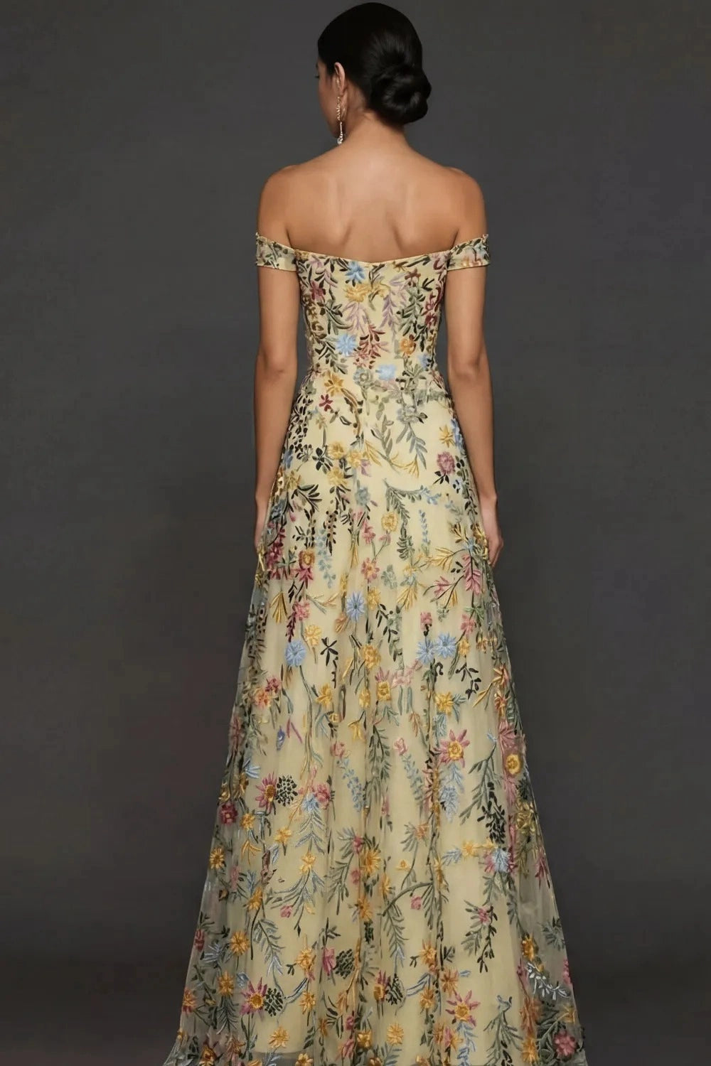 Romantic A Line Sweetheart Off Shoulder Floral Embroidered Floor Length Wedding Guest Dress