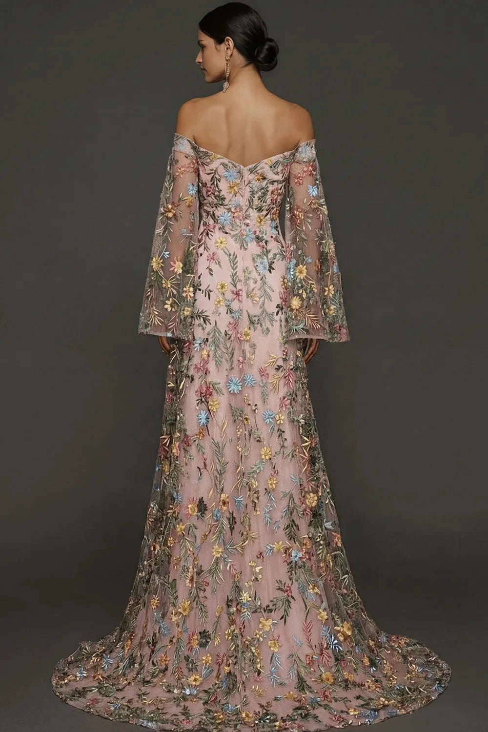 Romantic A Line Sweetheart Off Shoulder Floral Embroidered Bell Sleeve Wedding Guest Dress