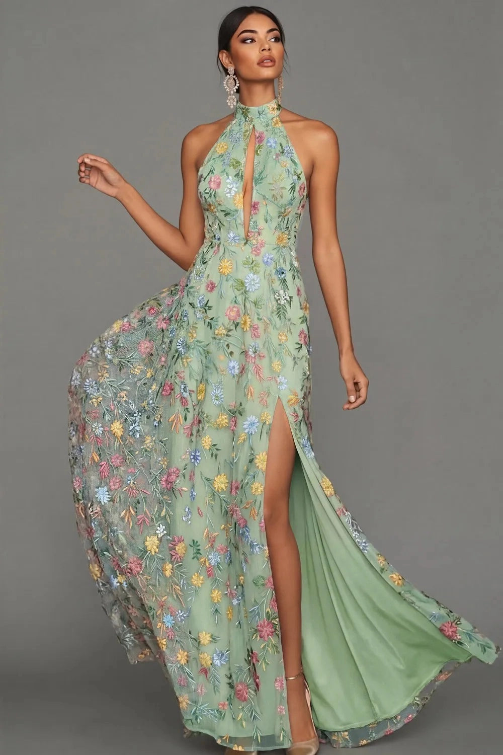 Romantic Floral Embroidered A-Line Halter Sleeveless Backless Long Wedding Guest Dress