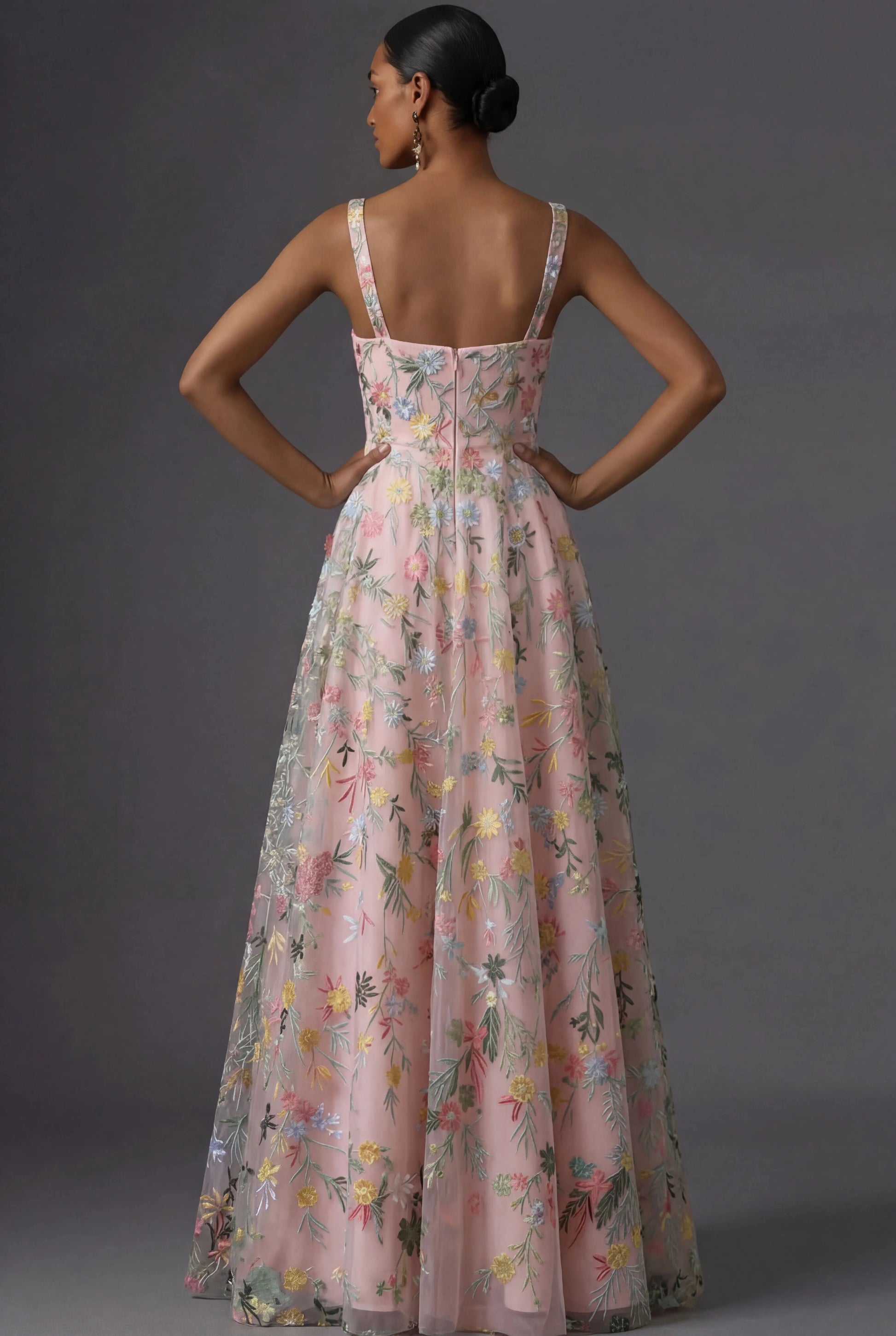 Romantic Floral Embroidered A-Line Square Neck Sleeveless Low Back Wedding Guest Dress