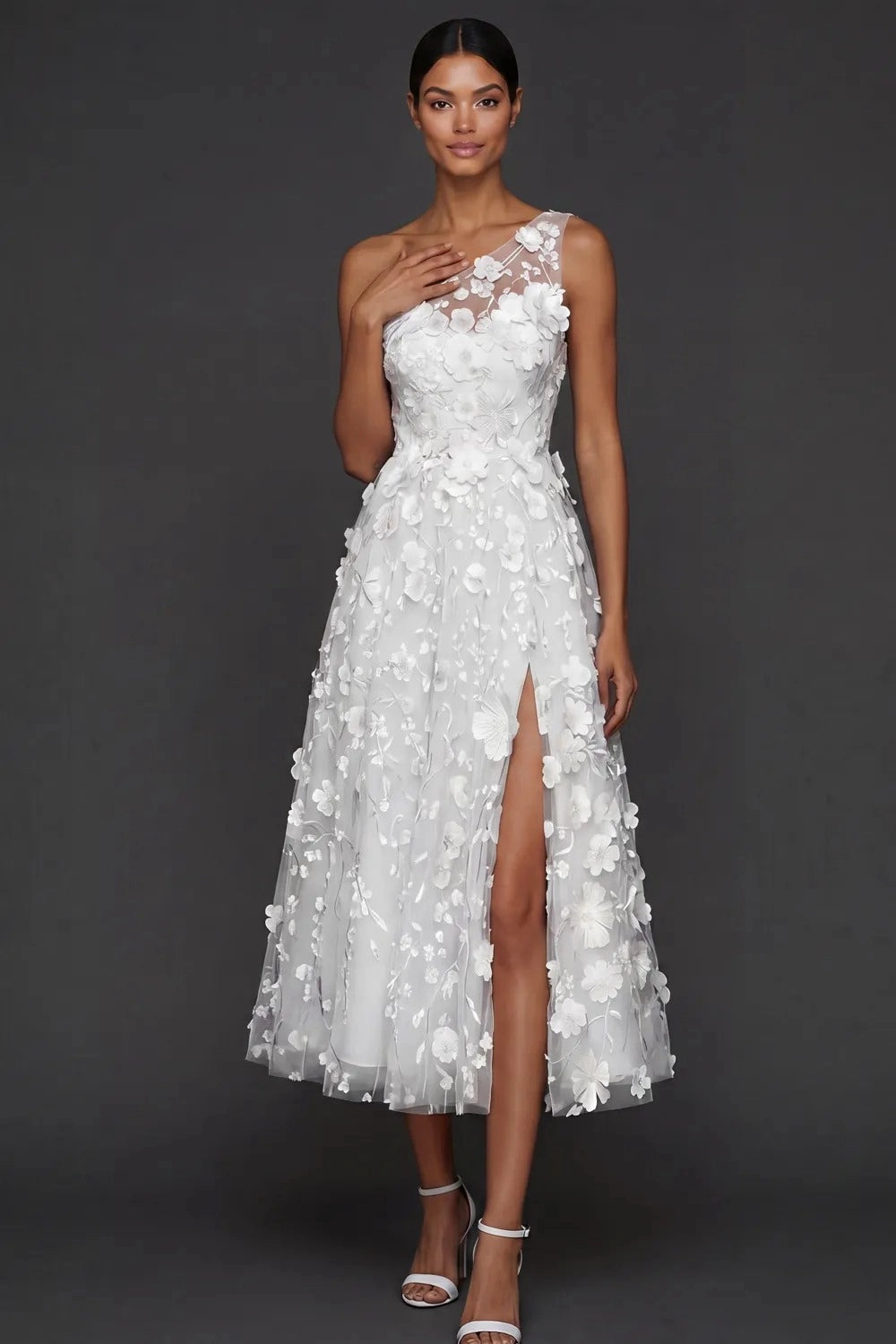 Romantic A Line One Shoulder 3D Floral Sleeveless Midi Wedding Guest Dress