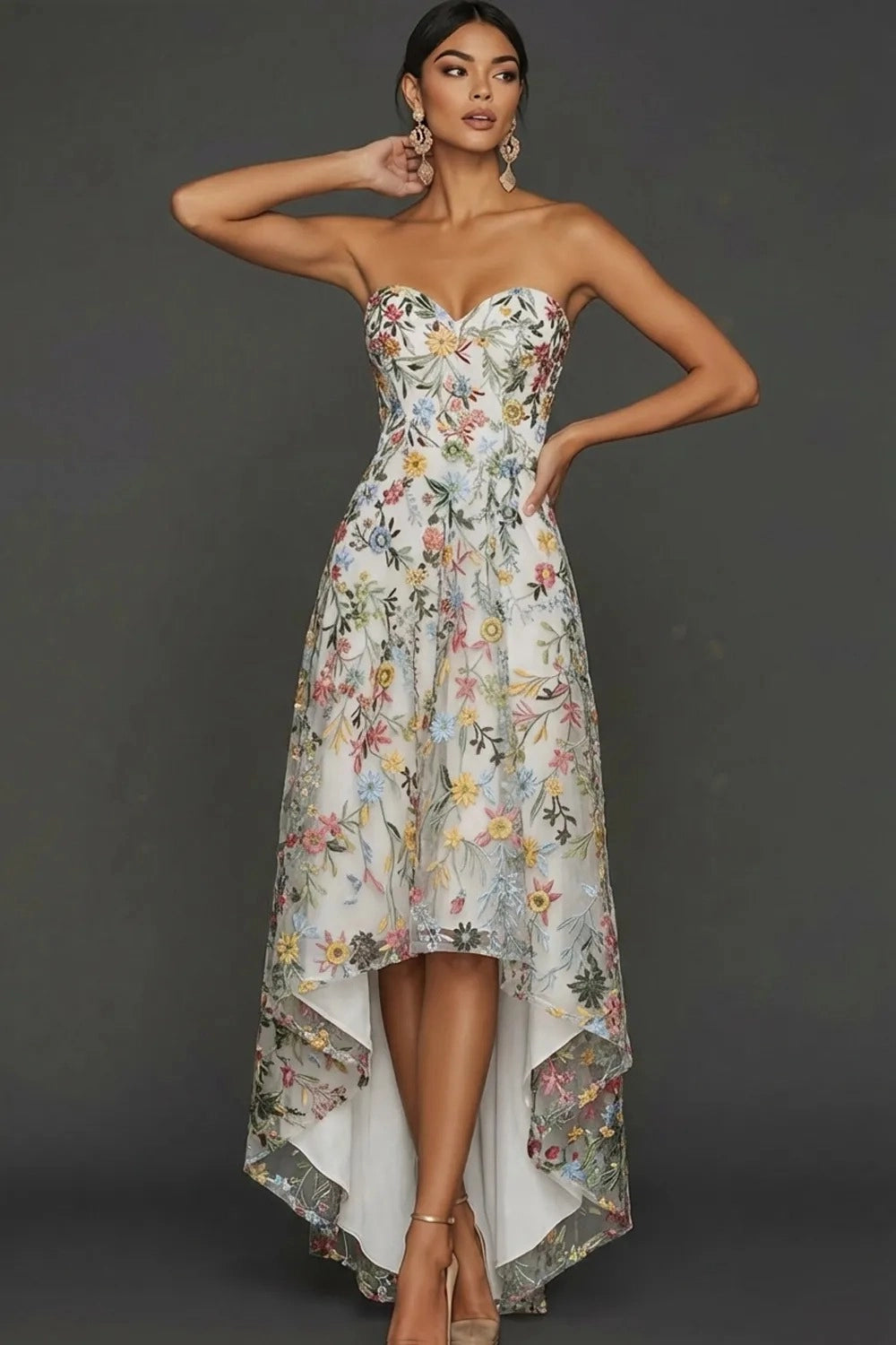 Romantic A Line Sweetheart Strapless Floral Embroidered High Low Wedding Guest Dress