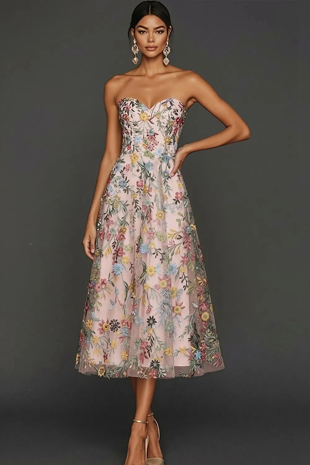 Romantic Floral Embroidered A-Line Sweetheart Strapless Backless Midi Wedding Guest Dress