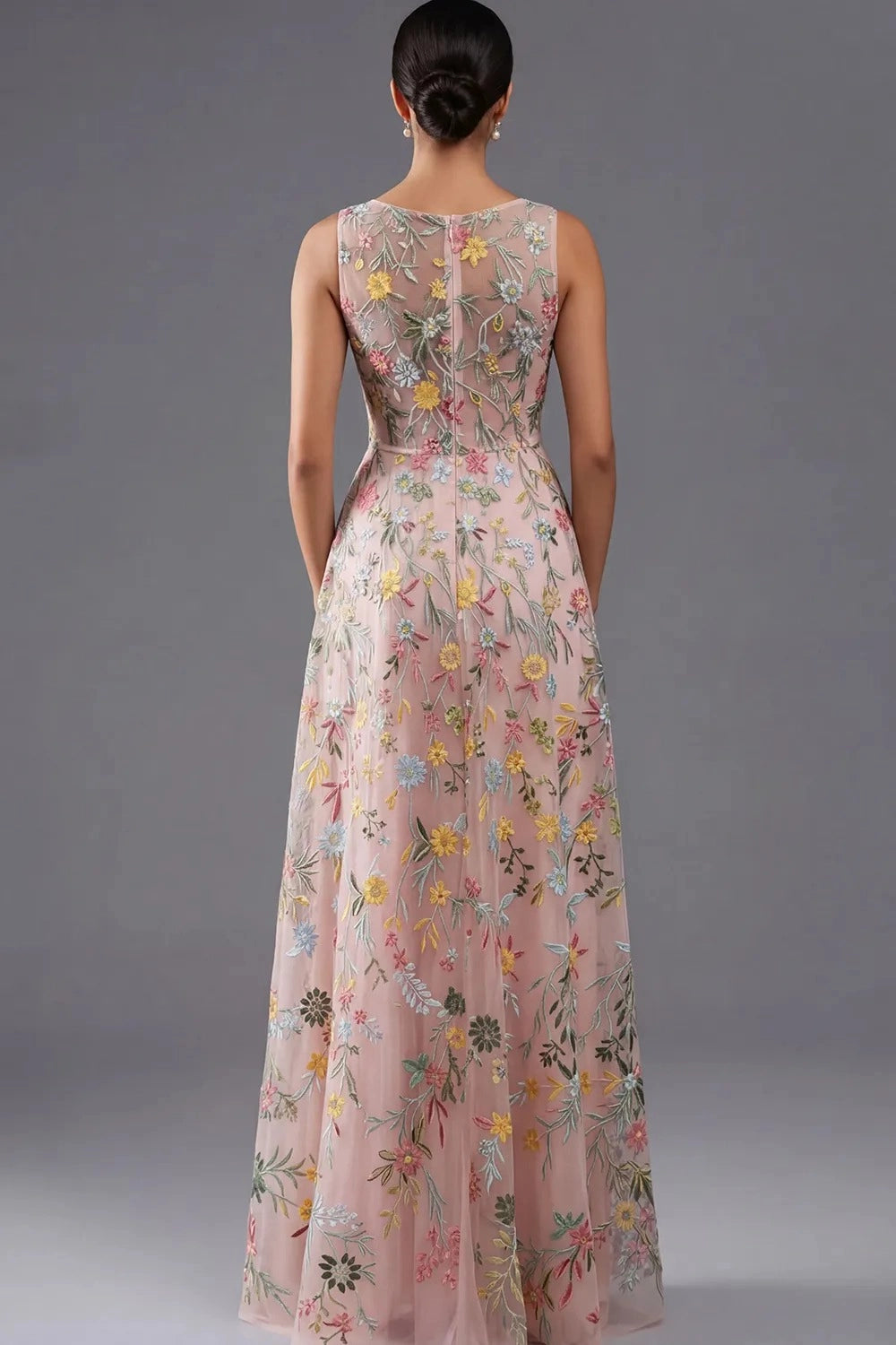 Elegant A Line V Neck Sleeveless Floral Embroidered Slit Floor Length Wedding Guest Dress