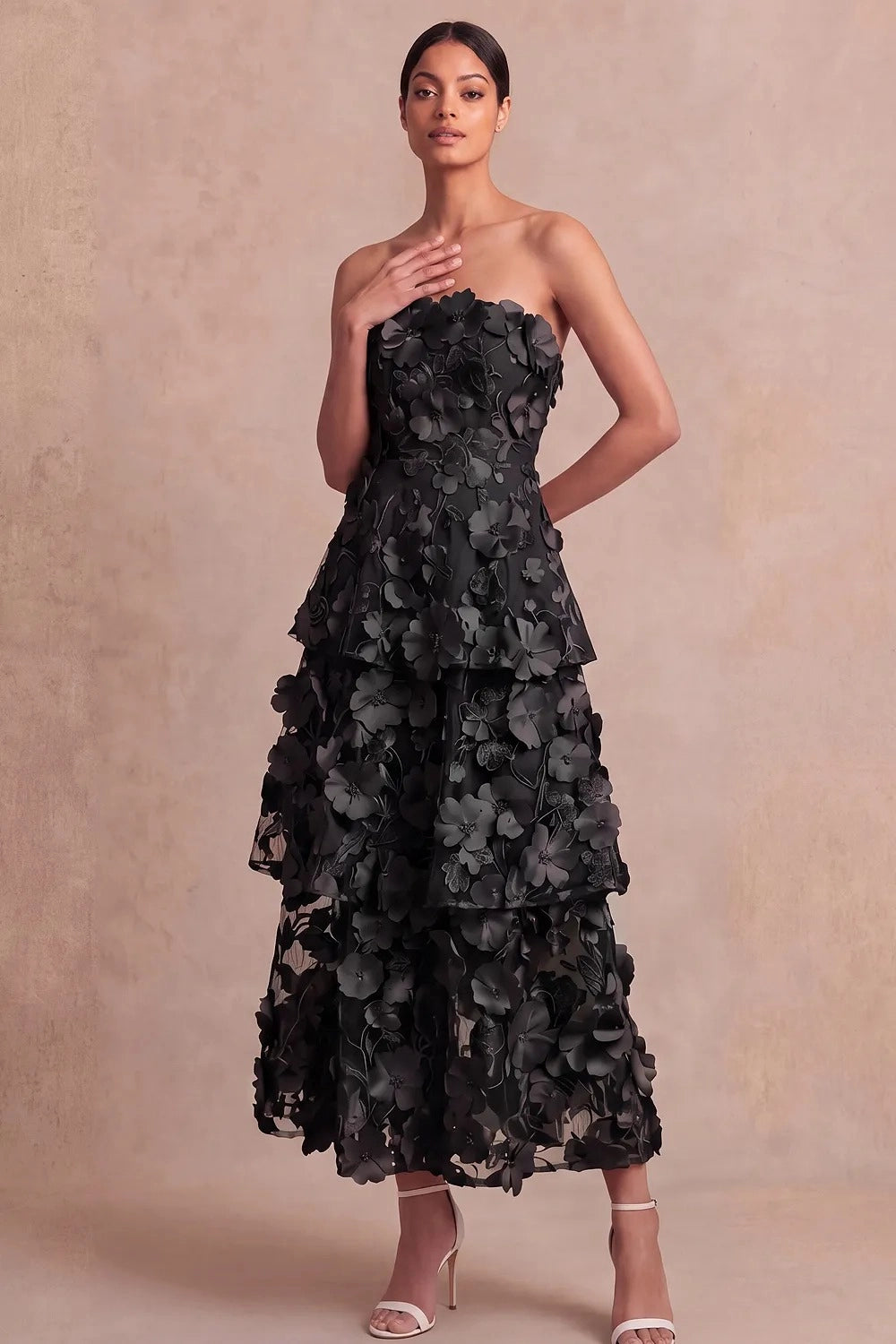 Romantic A Line Strapless 3D Floral Tiered Maxi Wedding Guest Dress