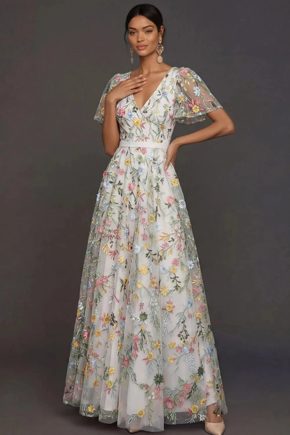Romantic Floral Embroidered A-Line V-Neck Flutter Sleeve Long Wedding Guest Dress