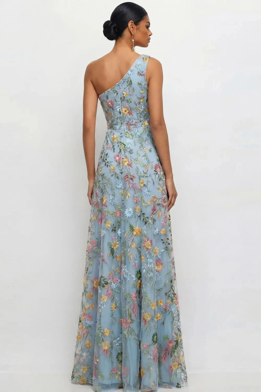 Chic A Line One Shoulder Floral Embroidered Slit Floor Length Wedding Guest Dress