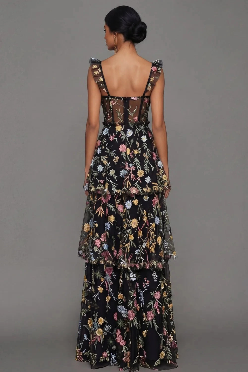Romantic A Line Sweetheart Ruffle Strap Floral Embroidered Tiered Wedding Guest Dress