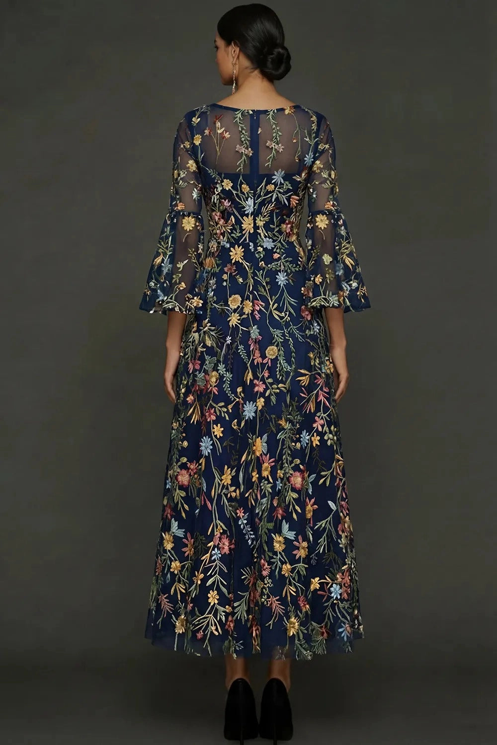 Elegant Floral Embroidered A-Line Square Neck Flutter Sleeve Ankle Length Wedding Guest Dress