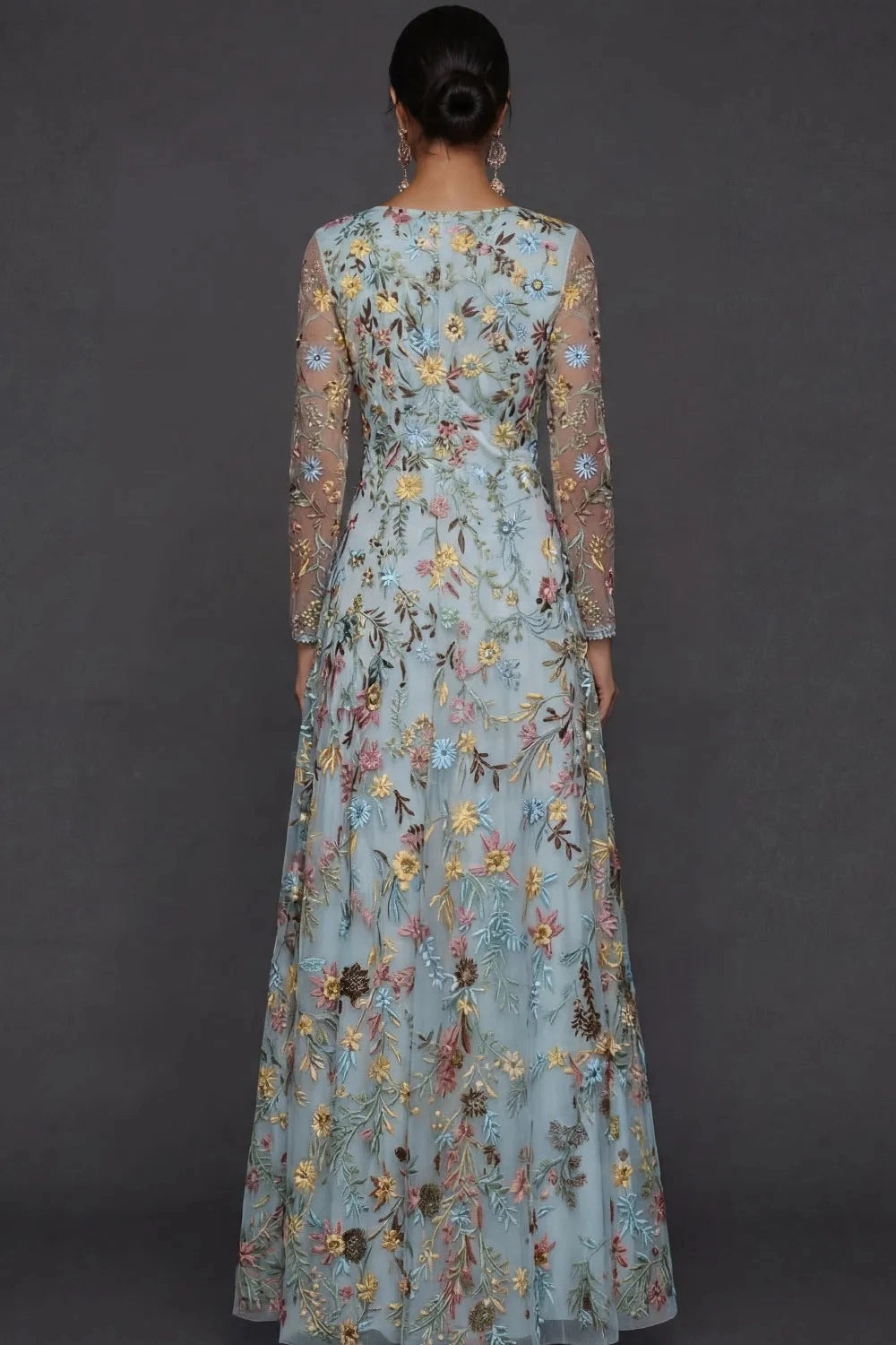 Elegant A Line V Neck Long Sleeve Floral Embroidered Floor Length Wedding Guest Dress