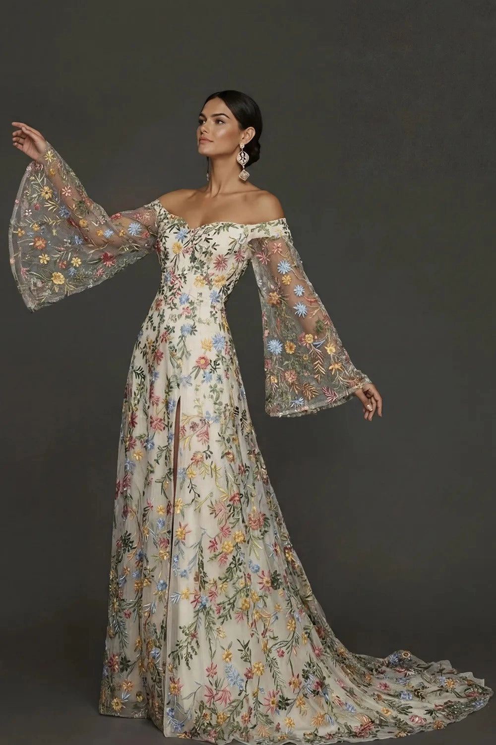 Romantic A Line Sweetheart Off Shoulder Floral Embroidered Bell Sleeve Wedding Guest Dress