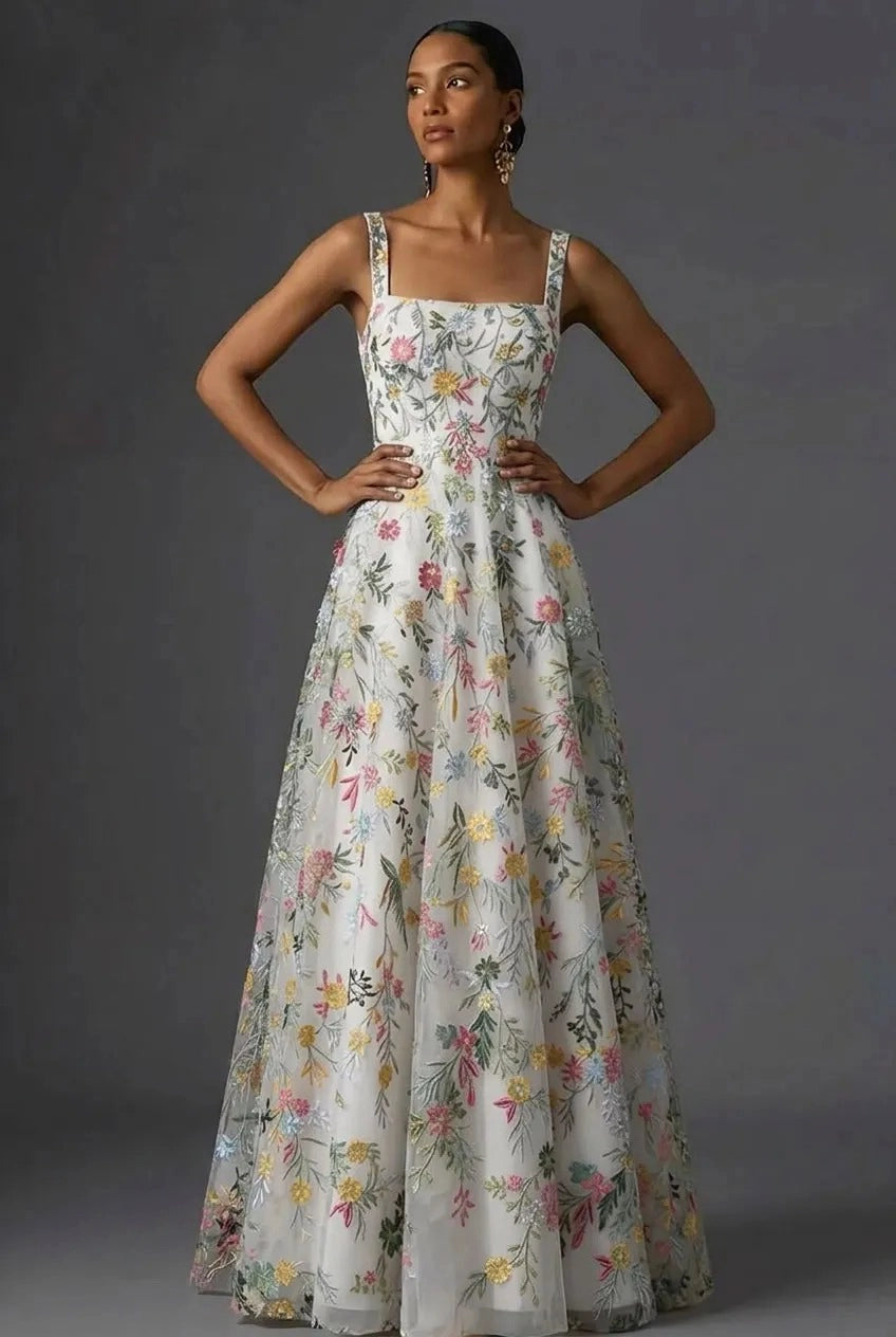 Romantic Floral Embroidered A-Line Square Neck Sleeveless Low Back Wedding Guest Dress