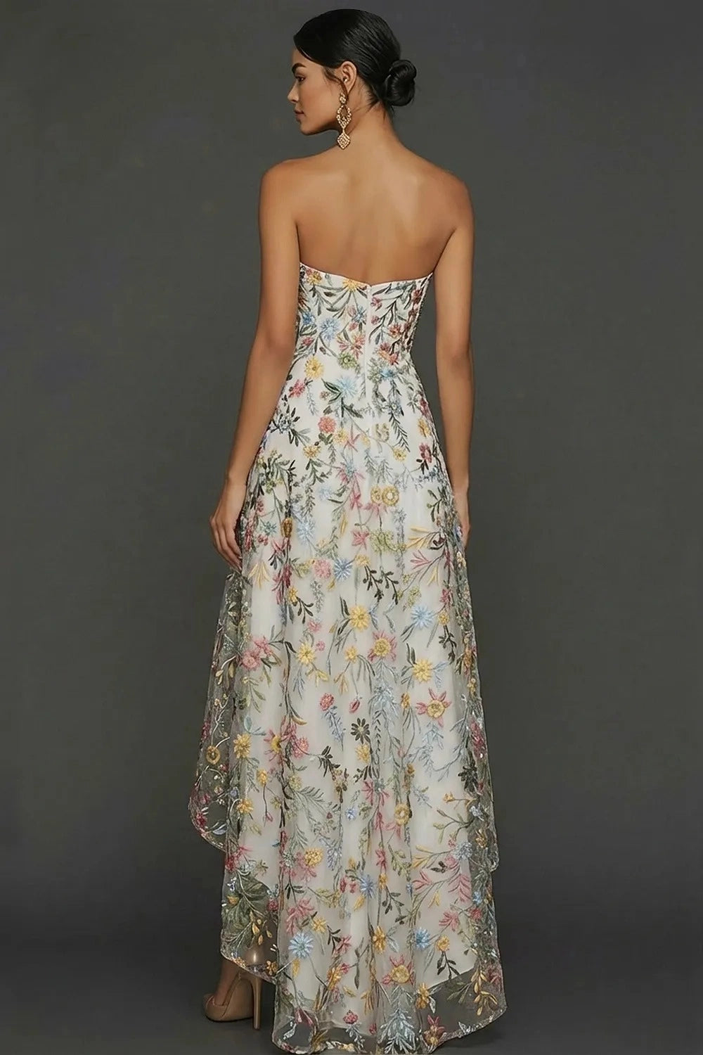 Romantic A Line Sweetheart Strapless Floral Embroidered High Low Wedding Guest Dress