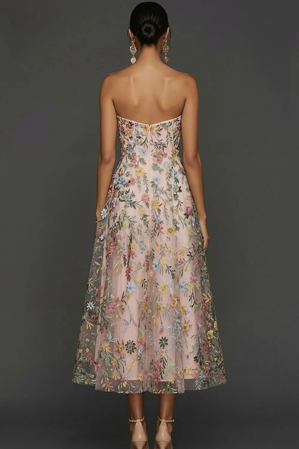 Romantic Floral Embroidered A-Line Sweetheart Strapless Backless Midi Wedding Guest Dress