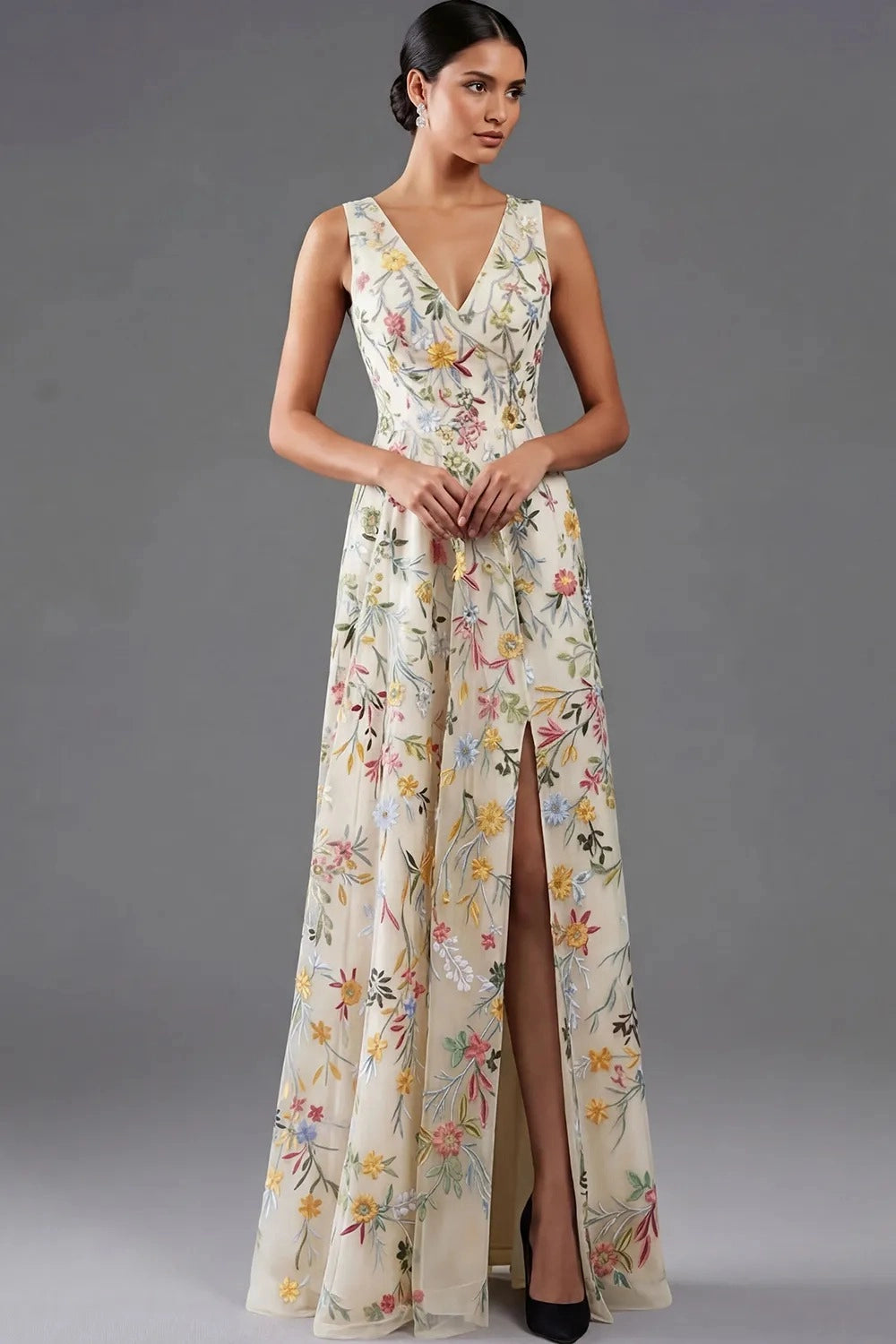 Elegant A Line V Neck Sleeveless Floral Embroidered Slit Floor Length Wedding Guest Dress