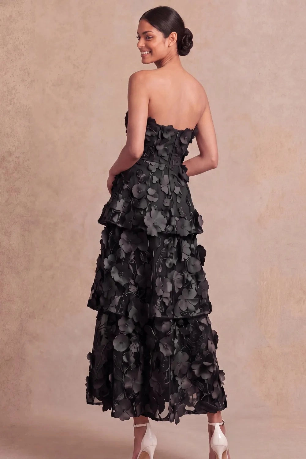 Romantic A Line Strapless 3D Floral Tiered Maxi Wedding Guest Dress