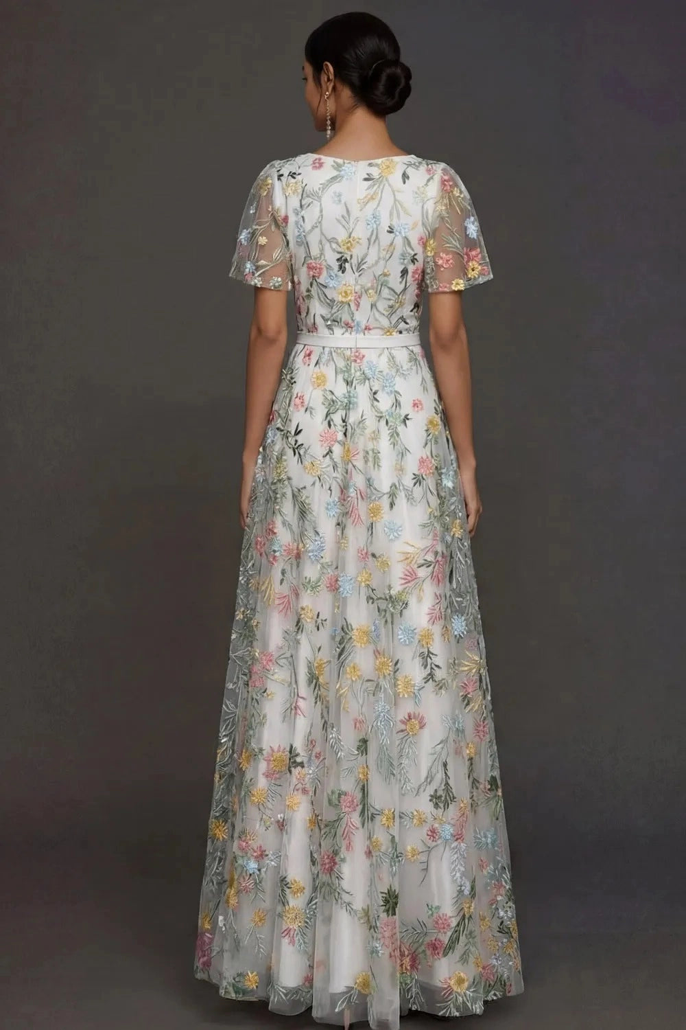 Romantic Floral Embroidered A-Line V-Neck Flutter Sleeve Long Wedding Guest Dress