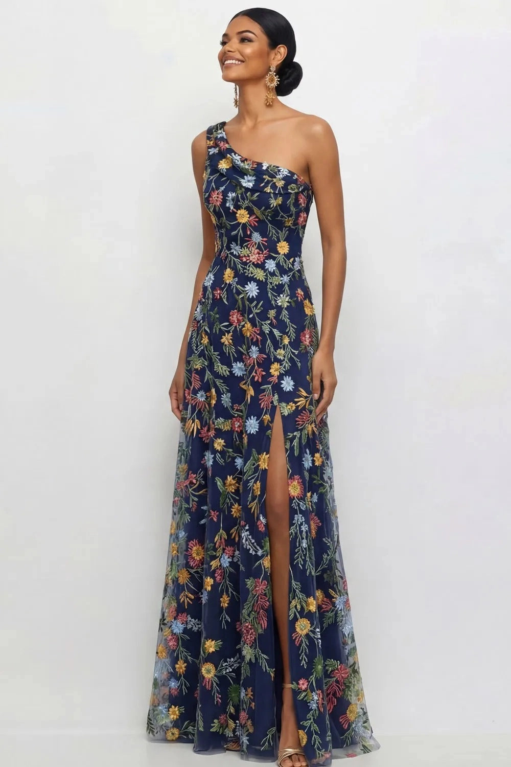 Chic A Line One Shoulder Floral Embroidered Slit Floor Length Wedding Guest Dress