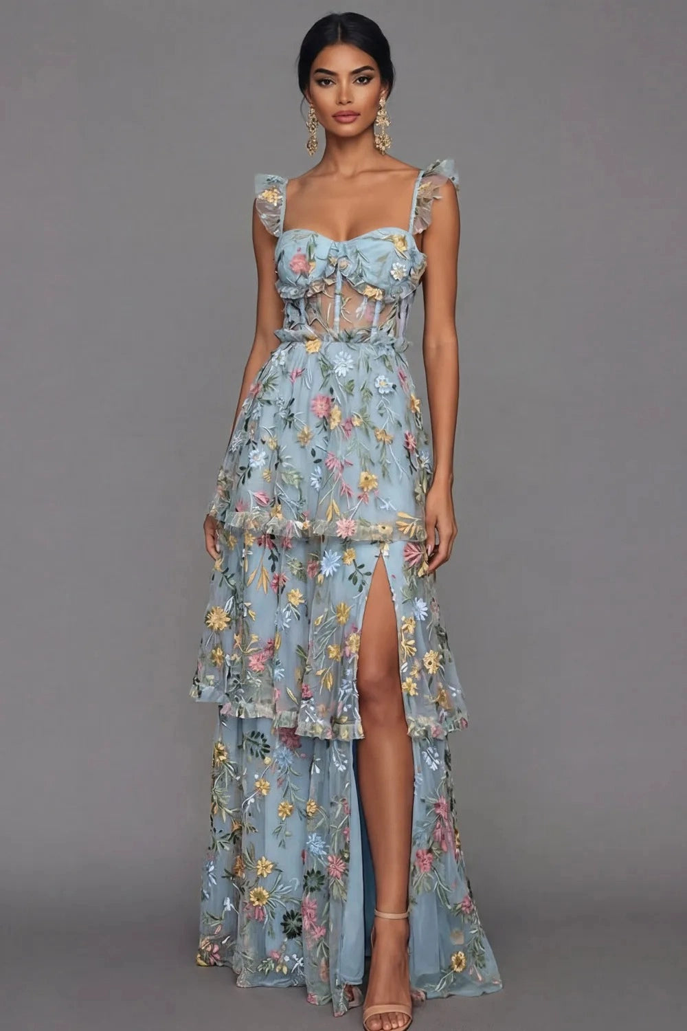 Romantic A Line Sweetheart Ruffle Strap Floral Embroidered Tiered Wedding Guest Dress