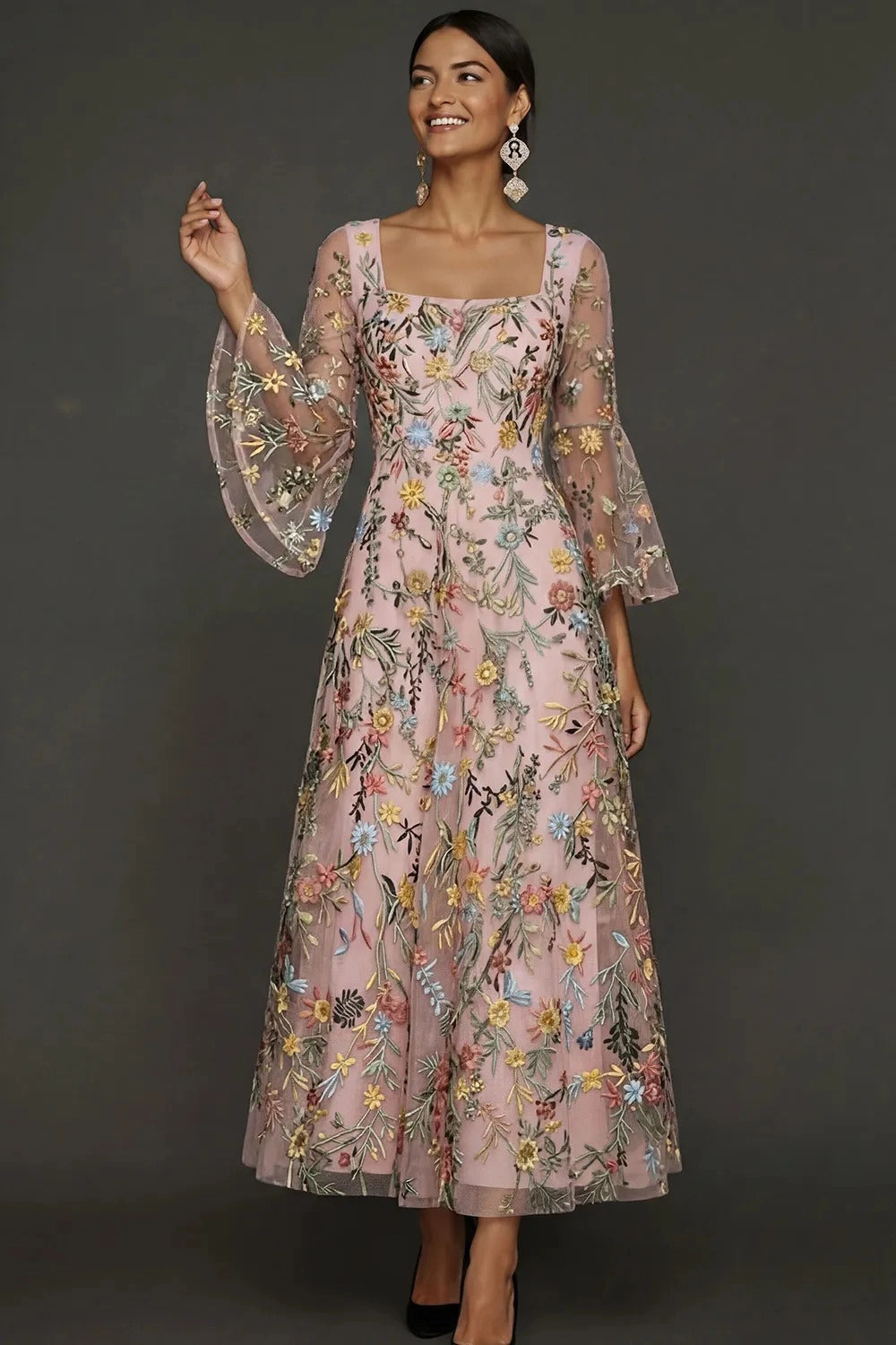 Elegant Floral Embroidered A-Line Square Neck Flutter Sleeve Ankle Length Wedding Guest Dress