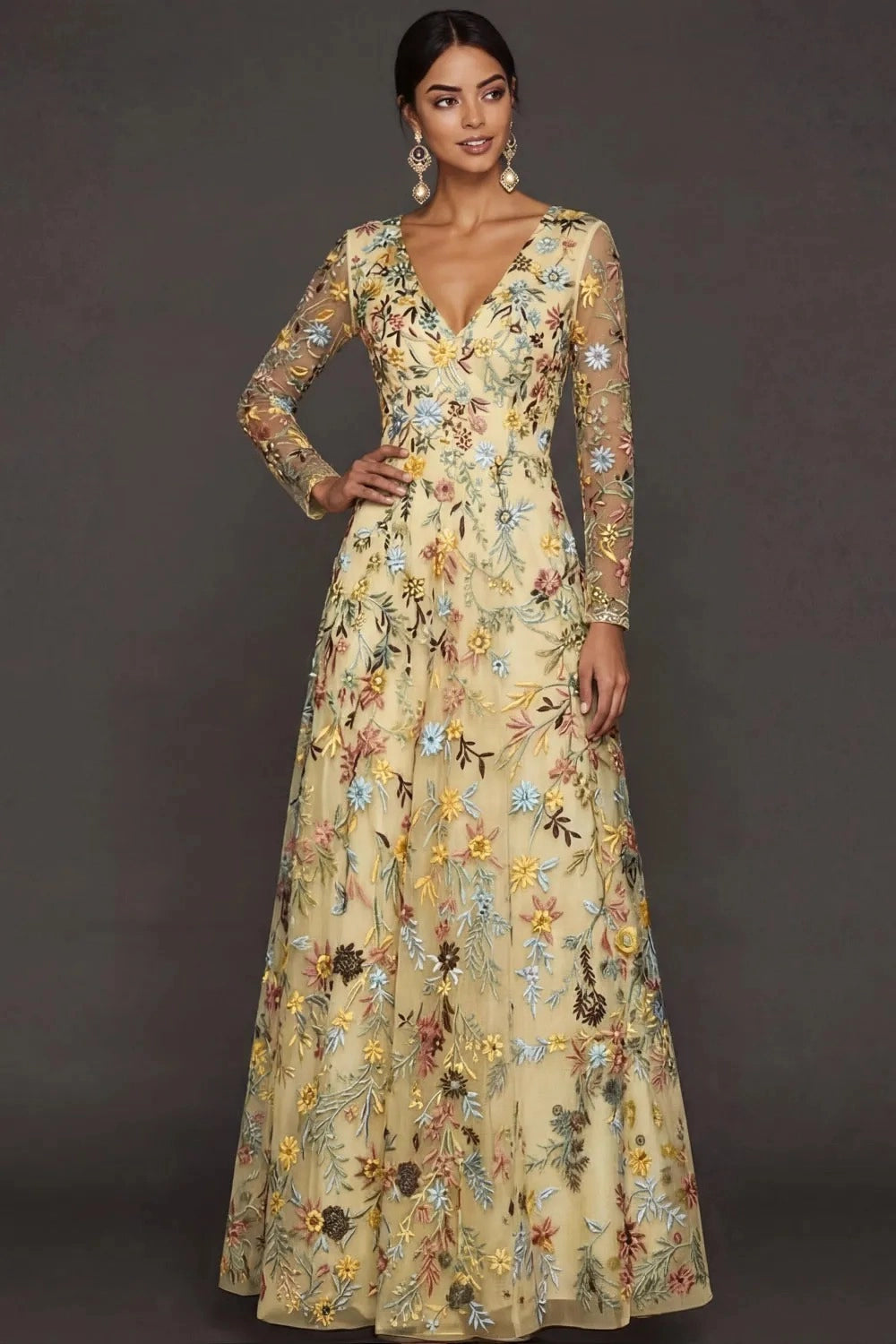 Elegant A Line V Neck Long Sleeve Floral Embroidered Floor Length Wedding Guest Dress