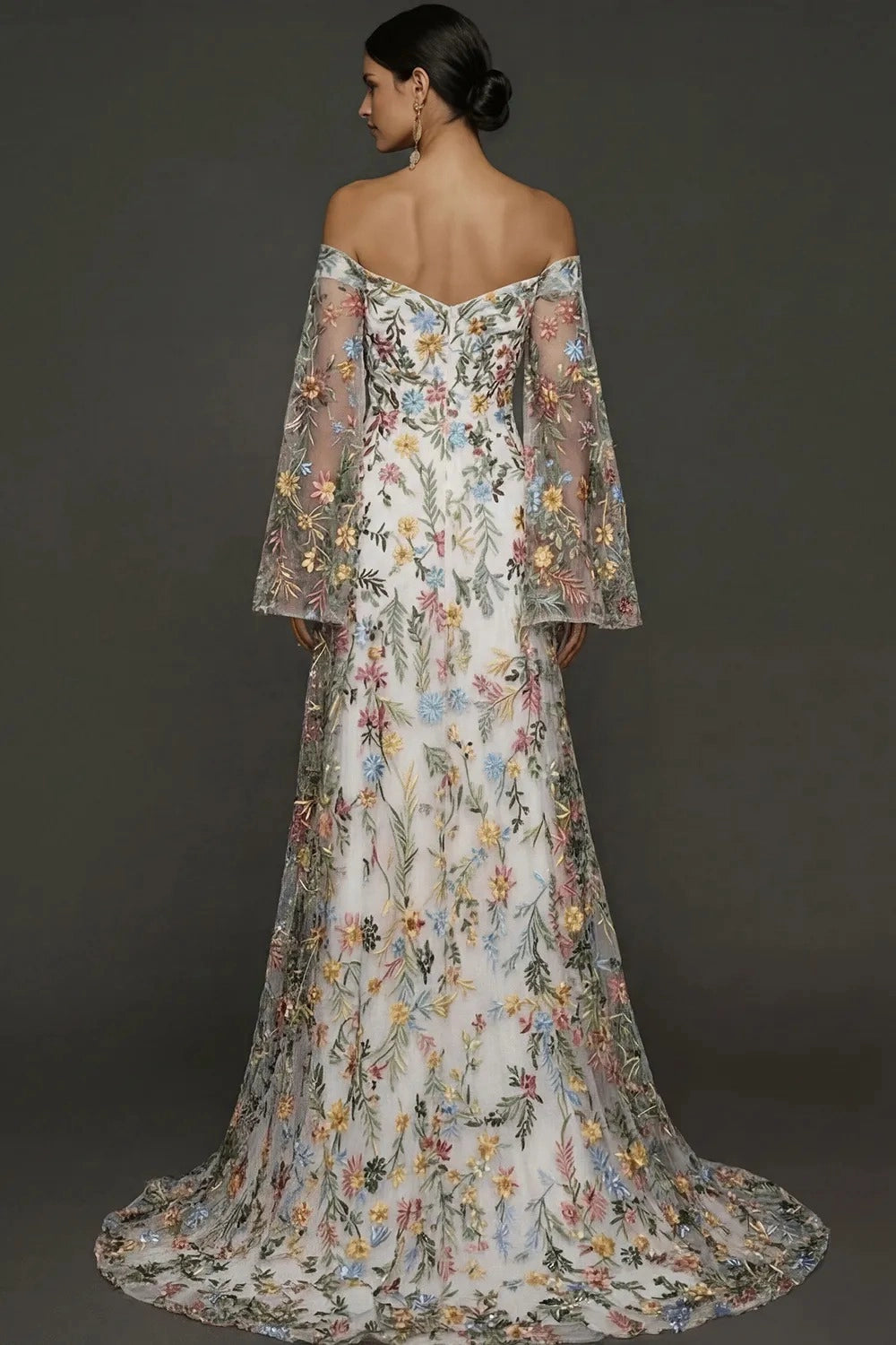 Romantic A Line Sweetheart Off Shoulder Floral Embroidered Bell Sleeve Wedding Guest Dress