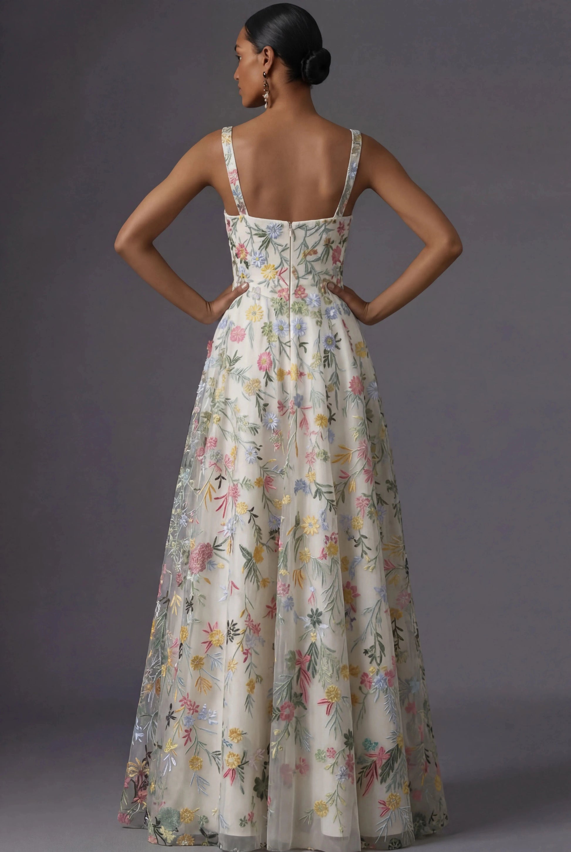 Romantic Floral Embroidered A-Line Square Neck Sleeveless Low Back Wedding Guest Dress