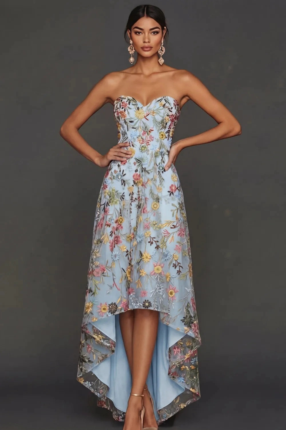 Romantic A Line Sweetheart Strapless Floral Embroidered High Low Wedding Guest Dress