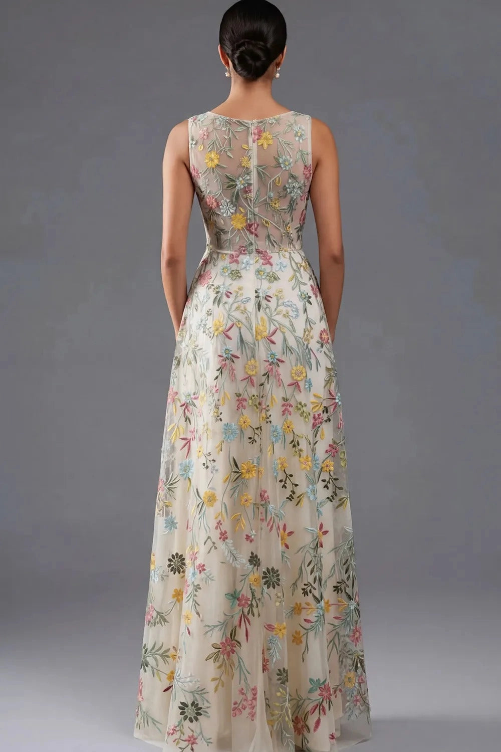 Elegant A Line V Neck Sleeveless Floral Embroidered Slit Floor Length Wedding Guest Dress