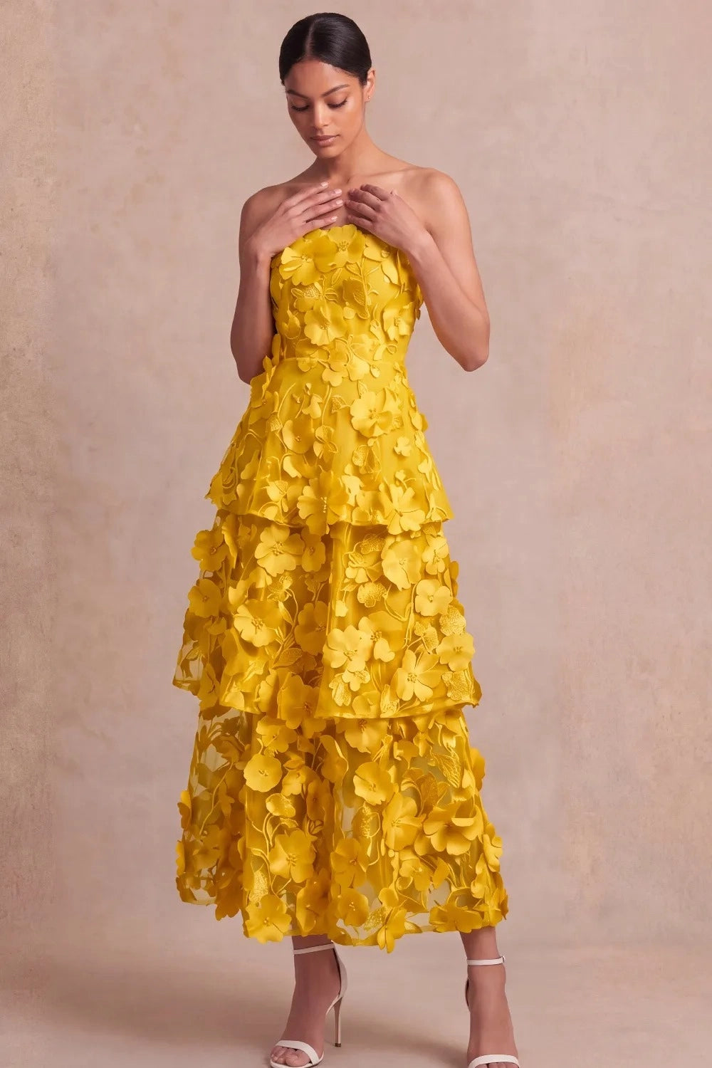 Romantic A Line Strapless 3D Floral Tiered Maxi Wedding Guest Dress