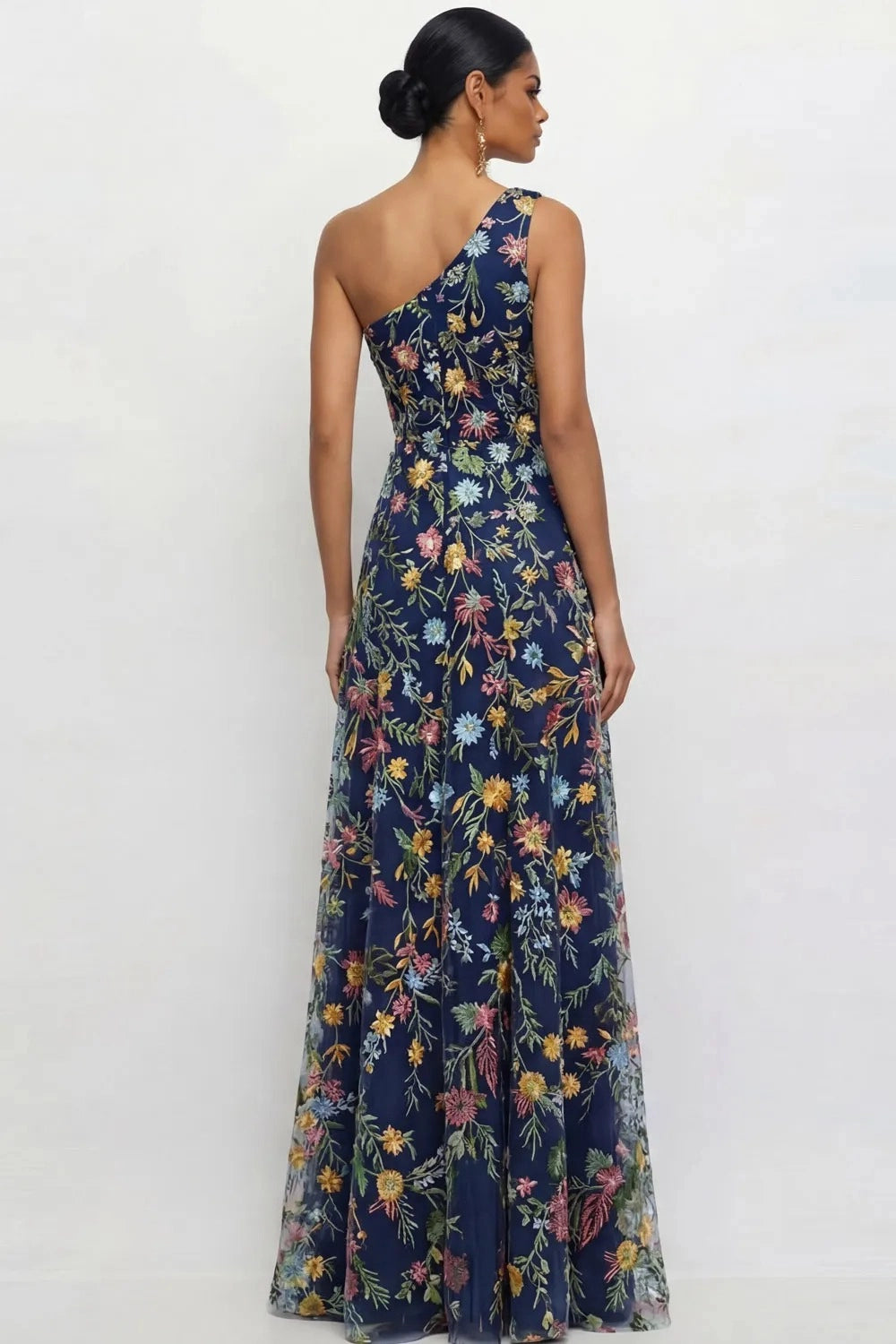 Chic A Line One Shoulder Floral Embroidered Slit Floor Length Wedding Guest Dress