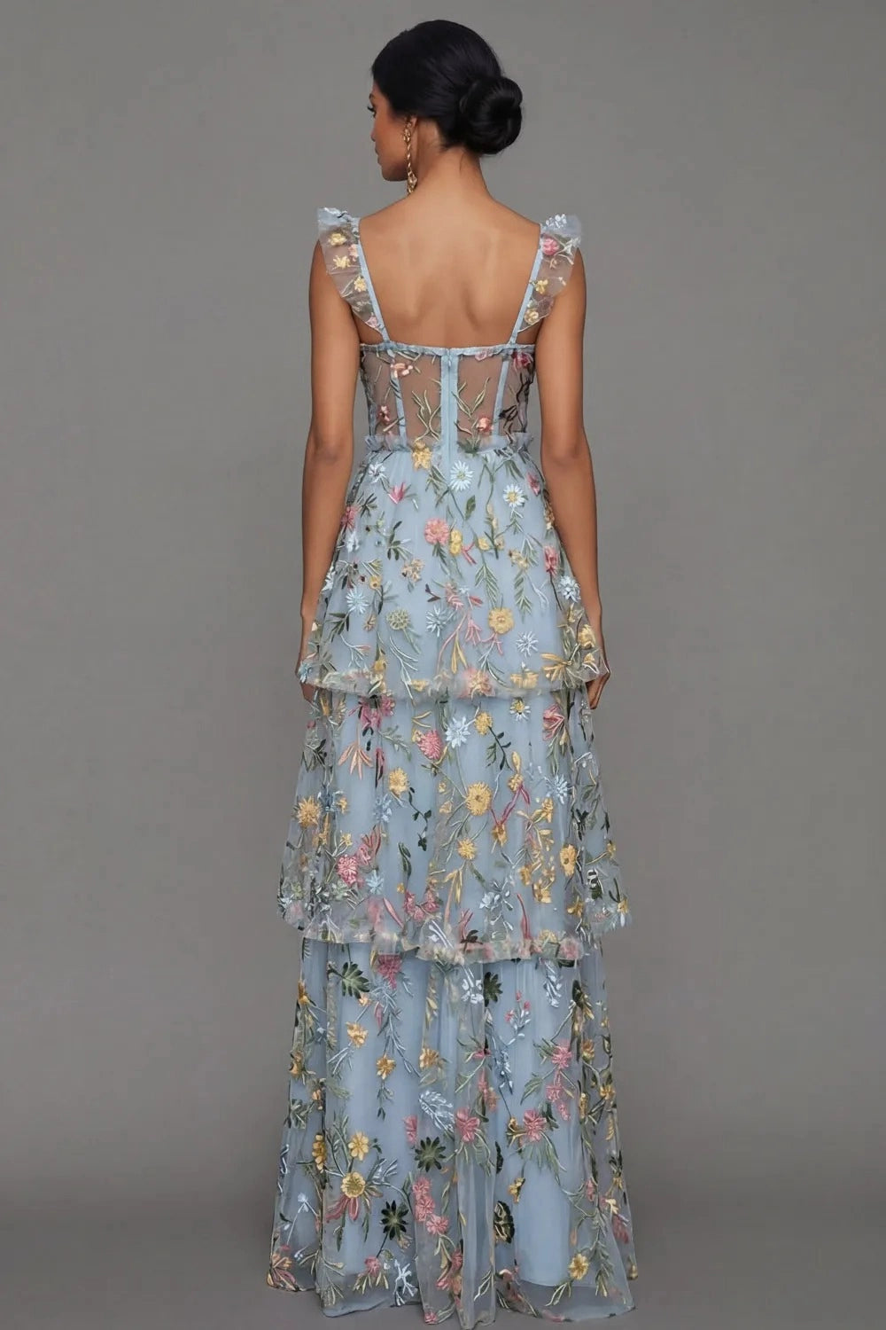 Romantic A Line Sweetheart Ruffle Strap Floral Embroidered Tiered Wedding Guest Dress