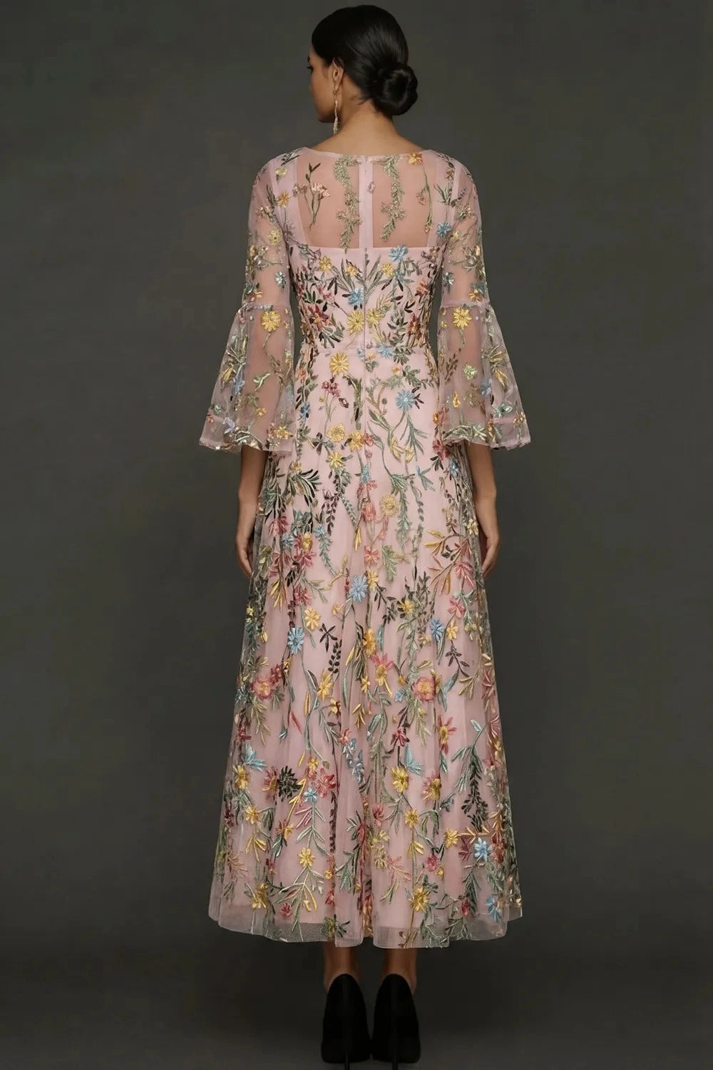 Elegant Floral Embroidered A-Line Square Neck Flutter Sleeve Ankle Length Wedding Guest Dress