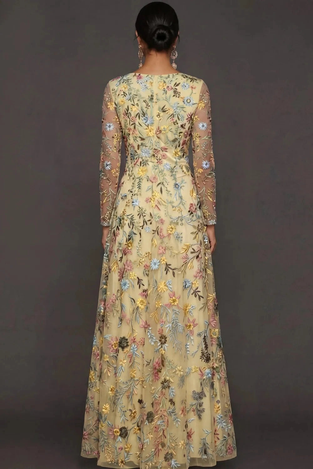 Elegant A Line V Neck Long Sleeve Floral Embroidered Floor Length Wedding Guest Dress