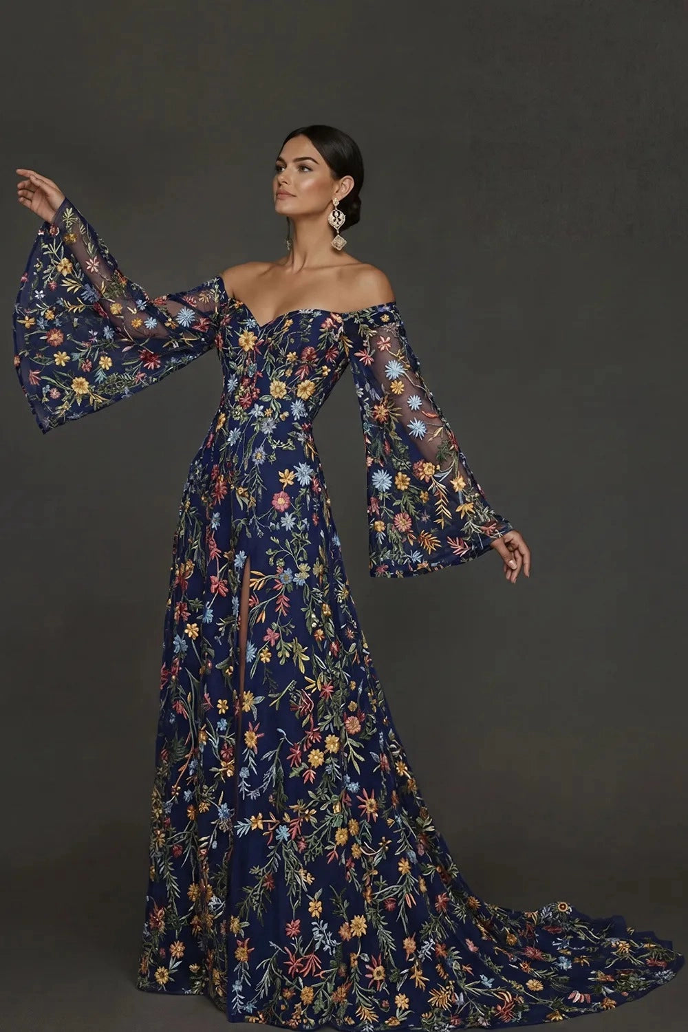 Romantic A Line Sweetheart Off Shoulder Floral Embroidered Bell Sleeve Wedding Guest Dress