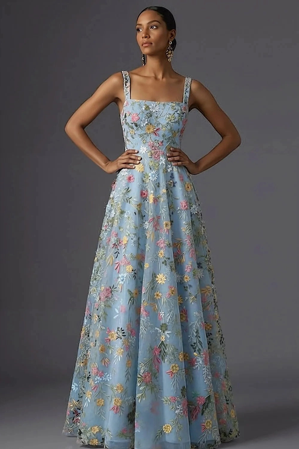 Romantic Floral Embroidered A-Line Square Neck Sleeveless Low Back Wedding Guest Dress