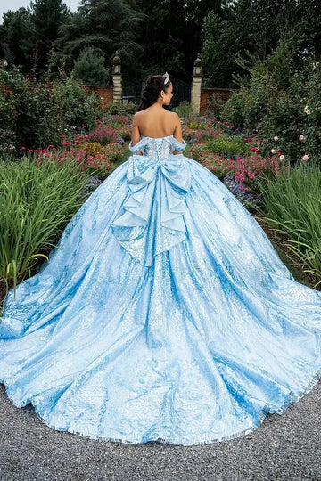 Back view Vedress ombre blue quinceanera gown corset lace-up back large bow long train glitter tulle dress