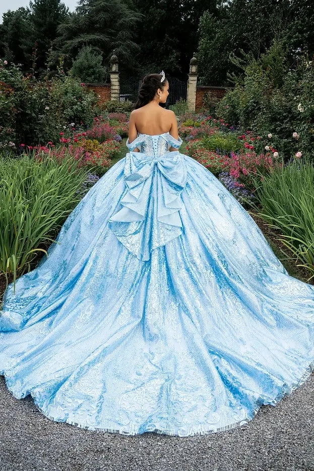 Back view Vedress ombre blue quinceanera gown corset lace-up back large bow long train glitter tulle dress