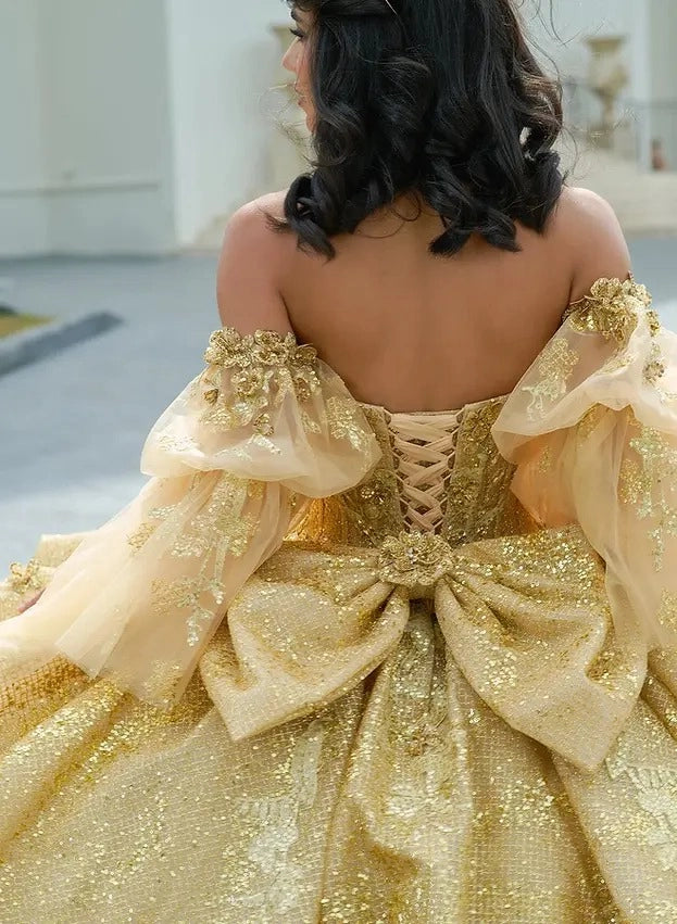 Sequined Ball Gown Sweetheart Off Shoulder Puff Sleeve Corset Train Quinceañera Dress