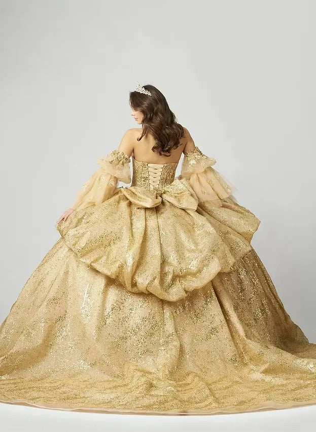 Sequined Ball Gown Sweetheart Off Shoulder Puff Sleeve Corset Train Quinceañera Dress