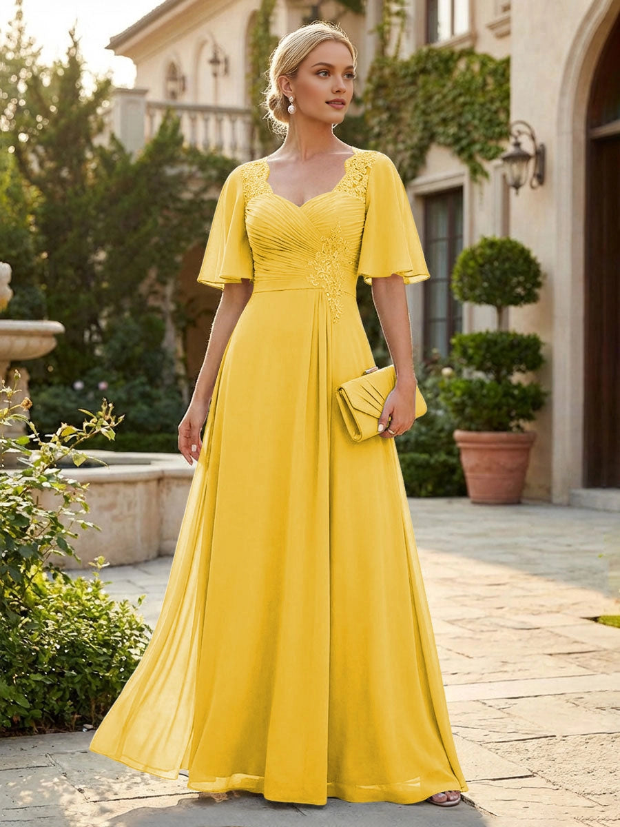 Graceful Dusty Blue A-Line Sweetheart Flutter-Sleeve Sweetheart-Back Floor-Length Mother Of The Bride Dress