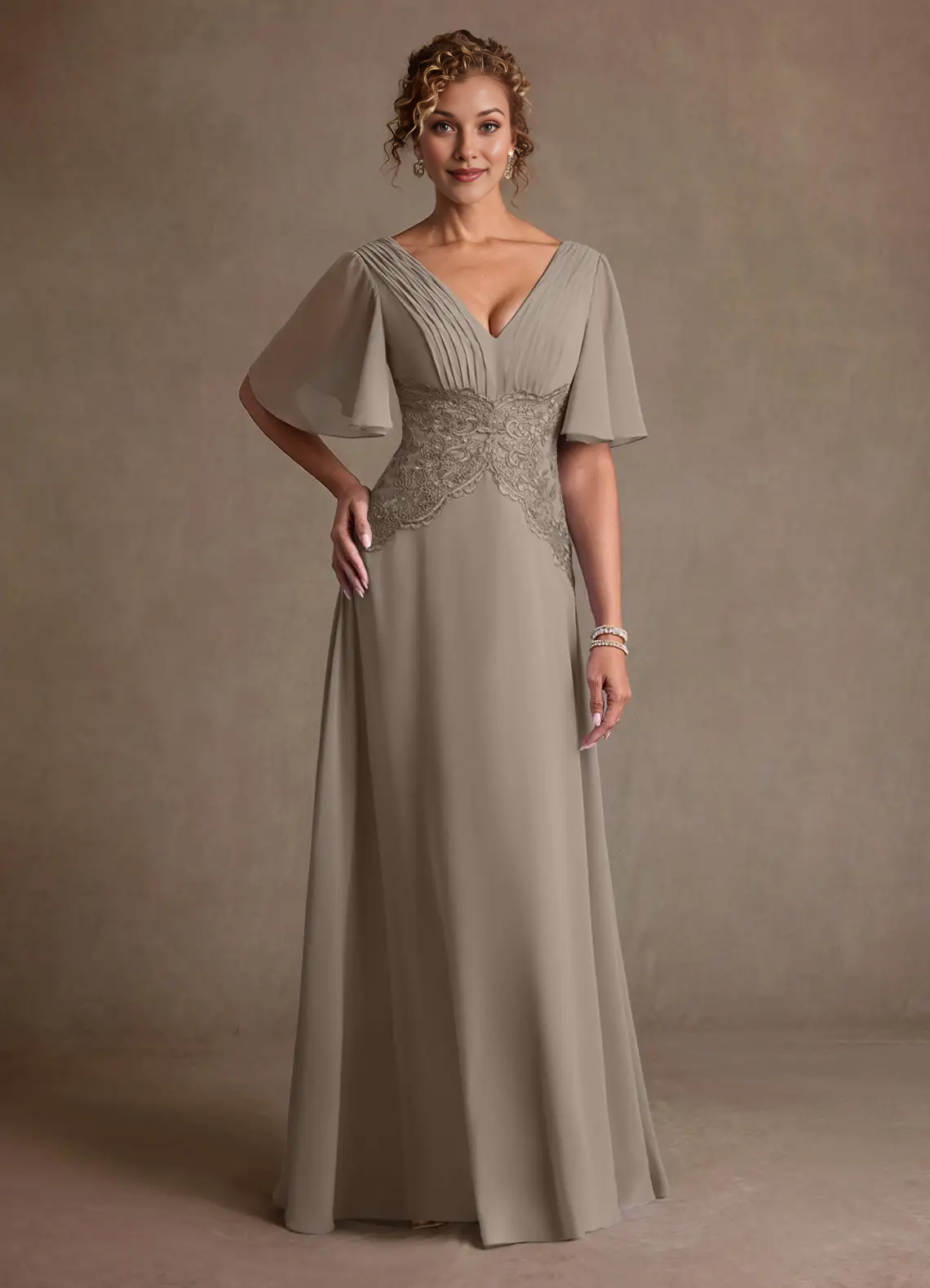 V-Neck Flutter Sleeve Lace Waist Chiffon A-Line Floor-Length Mother of the Bride Dress