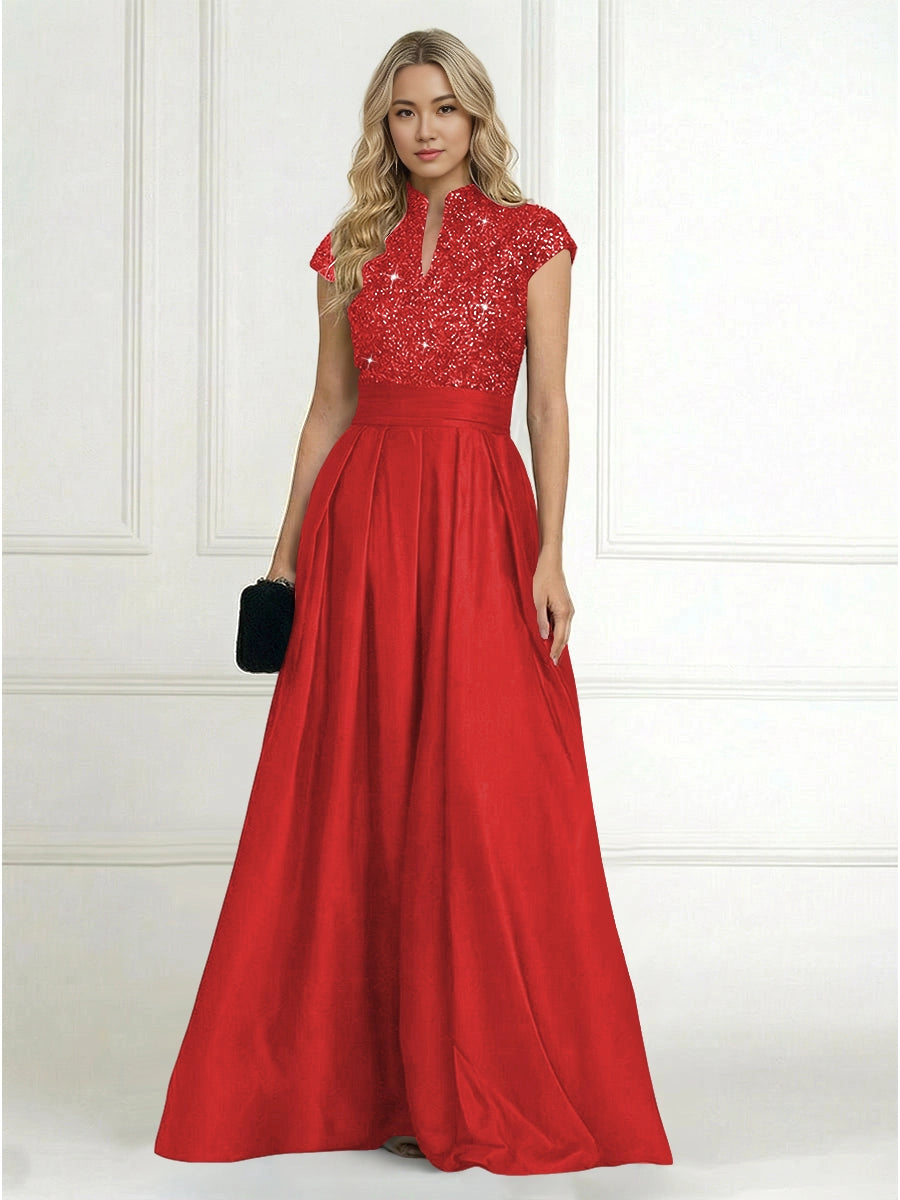 Luxury A-Line High-Neck Cap-Sleeve Zip-Back Floor-Length Plus Size Mother of the Bride Dress