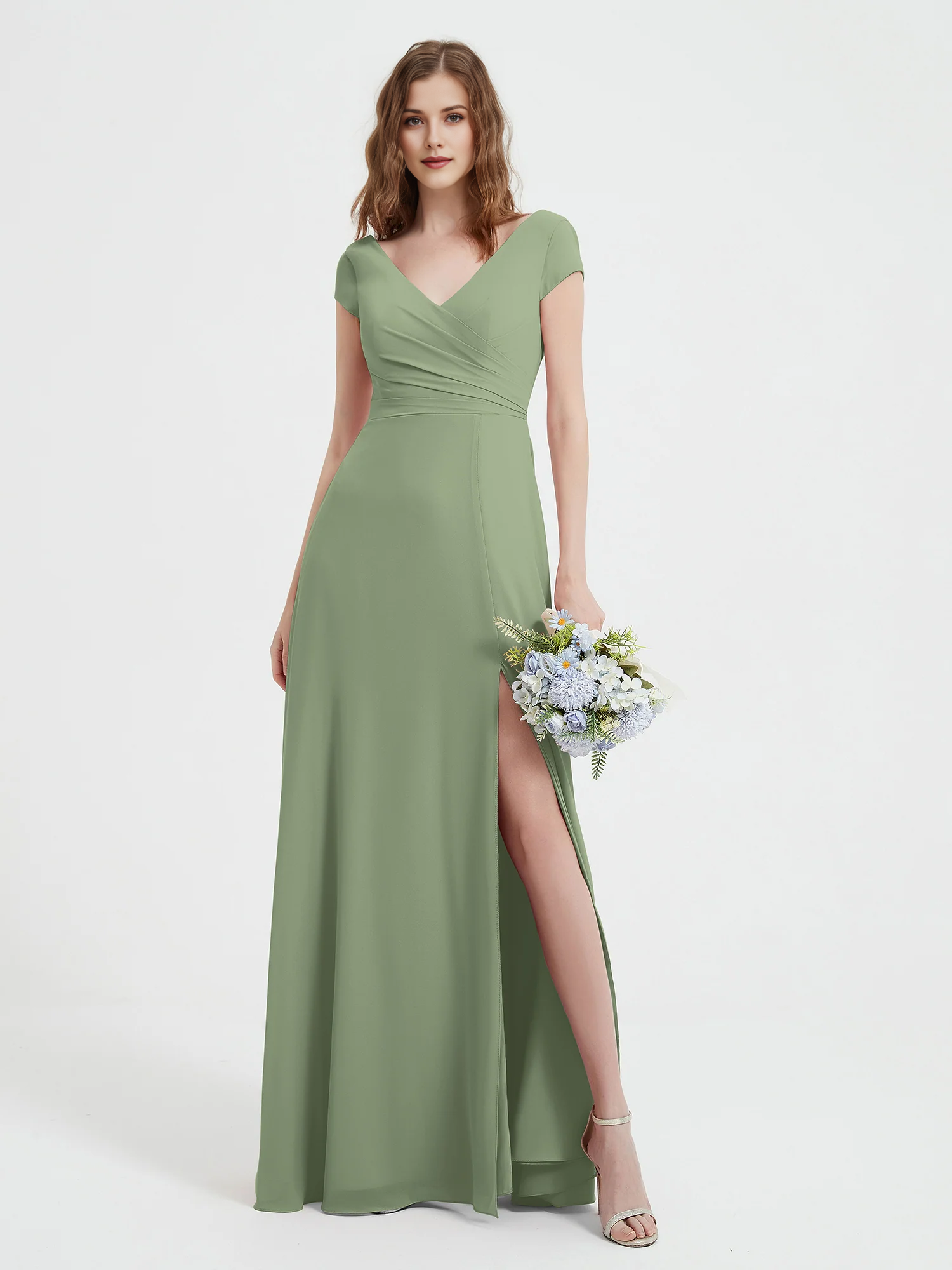 Cap Sleeve V-Neck Wrap Waist High Slit Chiffon Floor-Length Bridesmaid Evening Maxi Dress