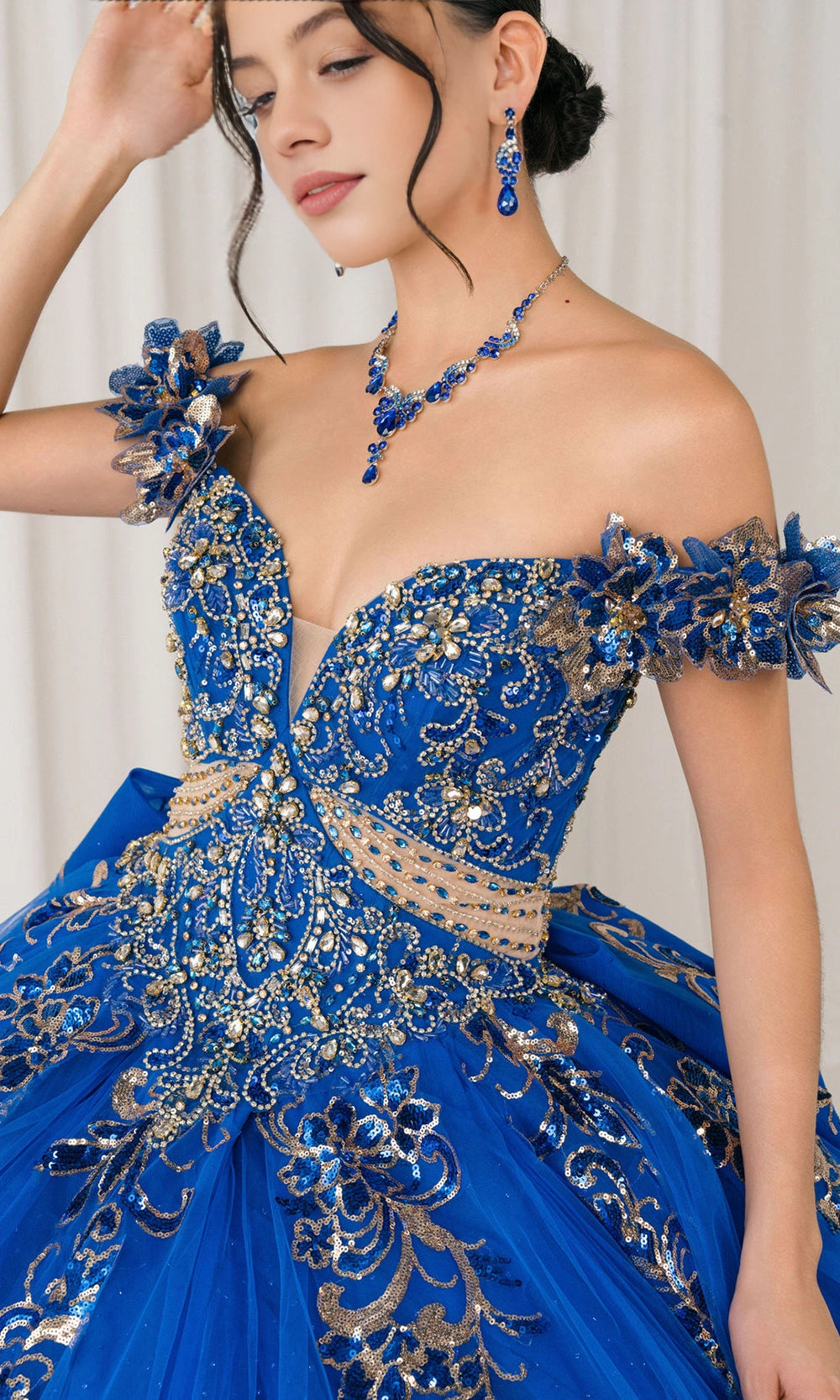 Glam Ball Gown Off‑Shoulder Floral Sleeve Lace‑Up Back Sweep Train Quinceanera Dress