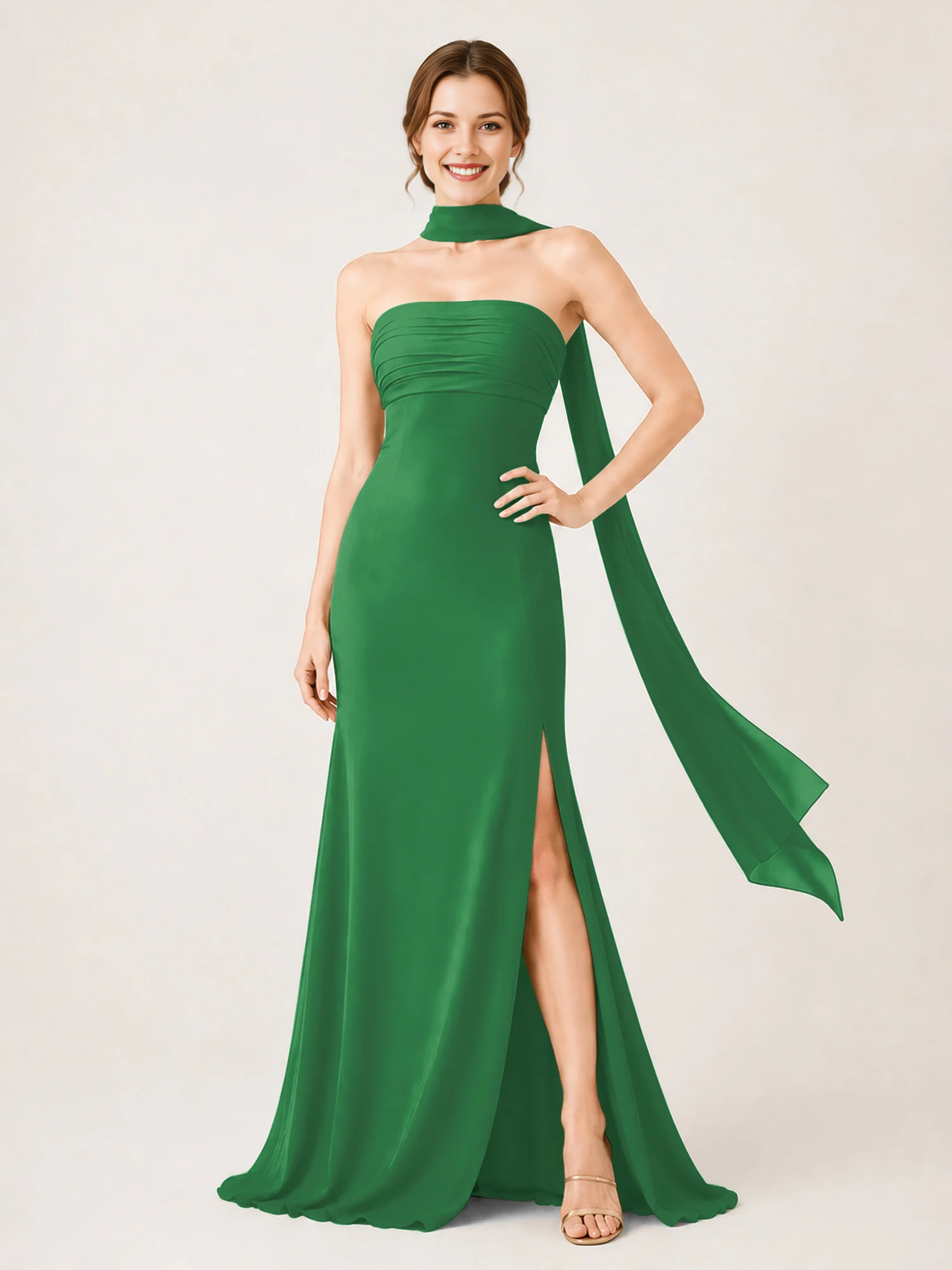 Strapless Ruched Chiffon Mermaid Bridesmaid Dress with Choker Scarf & High Slit