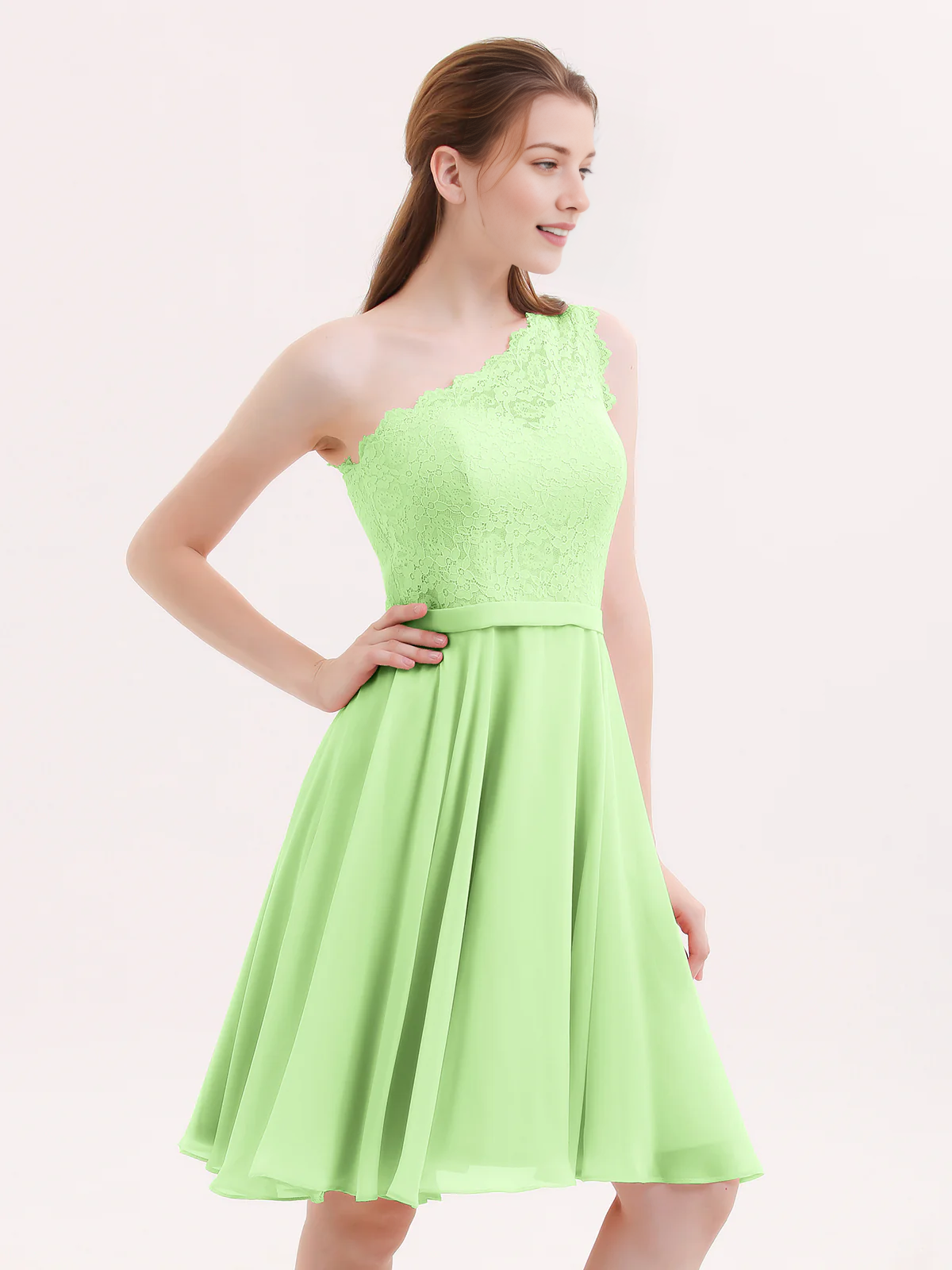One Shoulder Lace Top A-Line Knee-Length Chiffon Bridesmaid Homecoming Short Dress